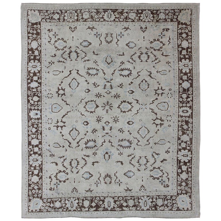 Cream Turkish Rug Square Shaped Vintage Turkish Oushak Rug with Brown and Cream Tones For ...