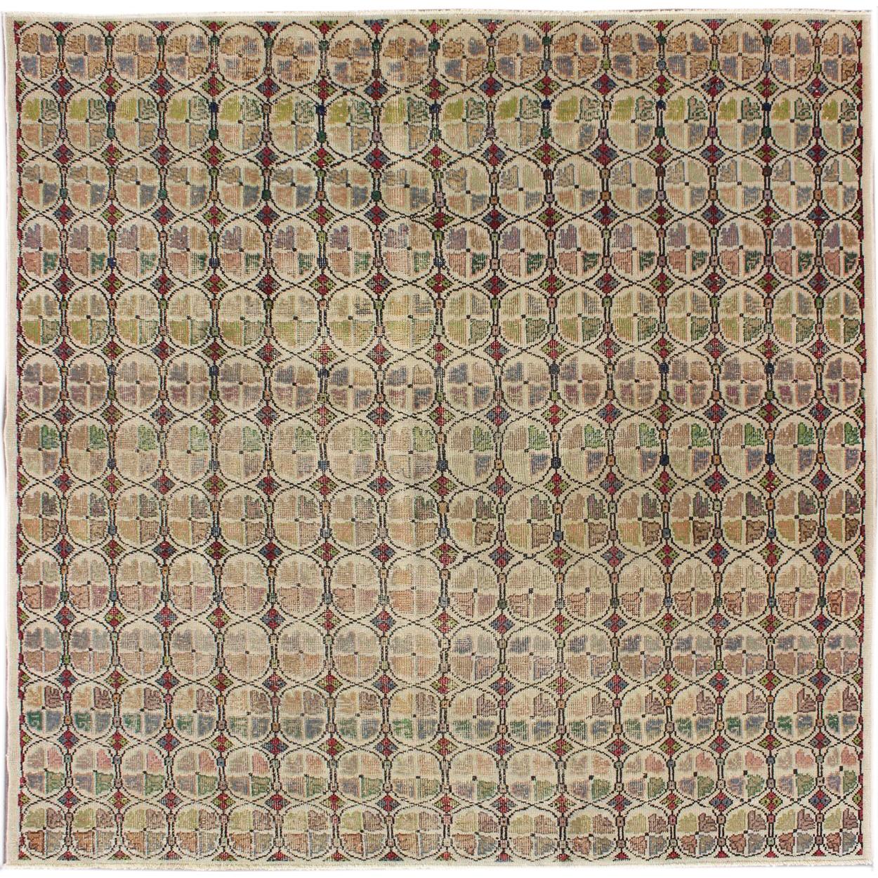 Quadratischer, moderner Mid-Century-Teppich mit kreisförmigem Muster in verschiedenen Farben