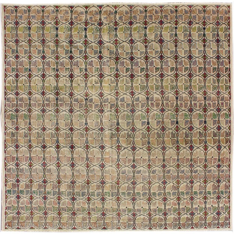 Squared Size MidCentury Modern Rug with Circular Pattern in Variety of