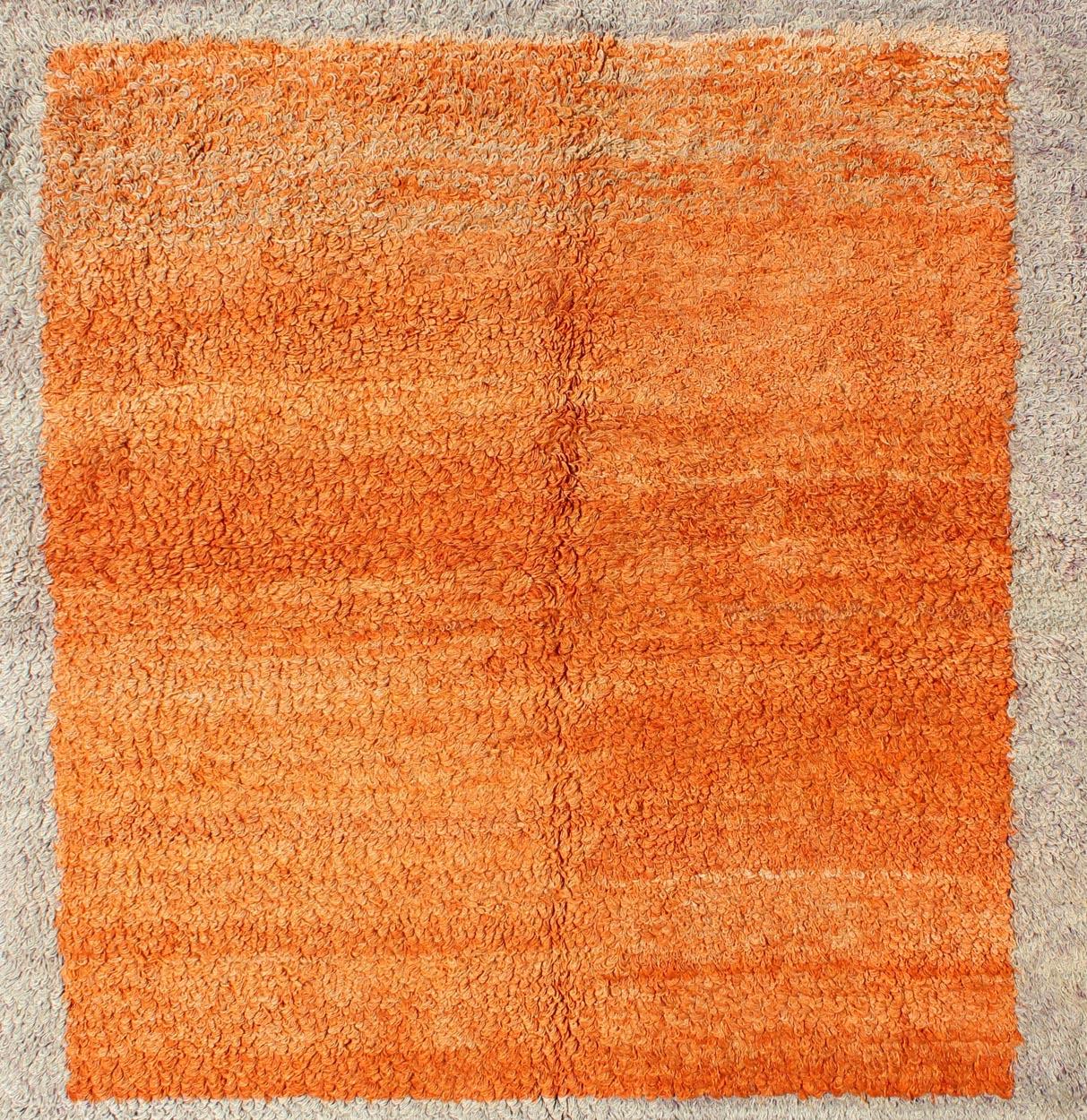 Turkish Squared Size Vintage Tulu with Minimalist Design Rug in Solid Orange and Taupe For Sale