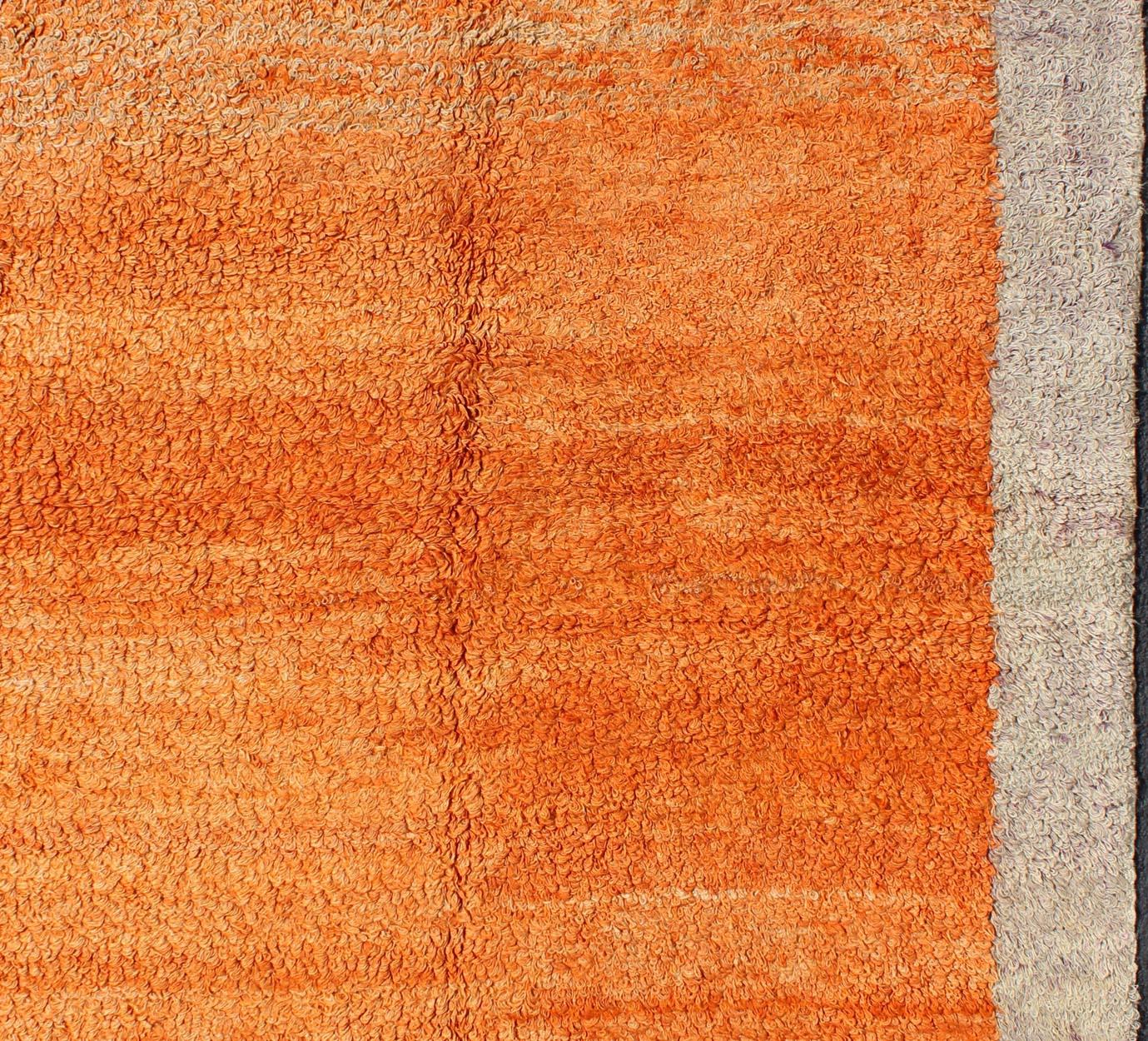 Squared Size Vintage Tulu with Minimalist Design Rug in Solid Orange and Taupe In Excellent Condition For Sale In Atlanta, GA