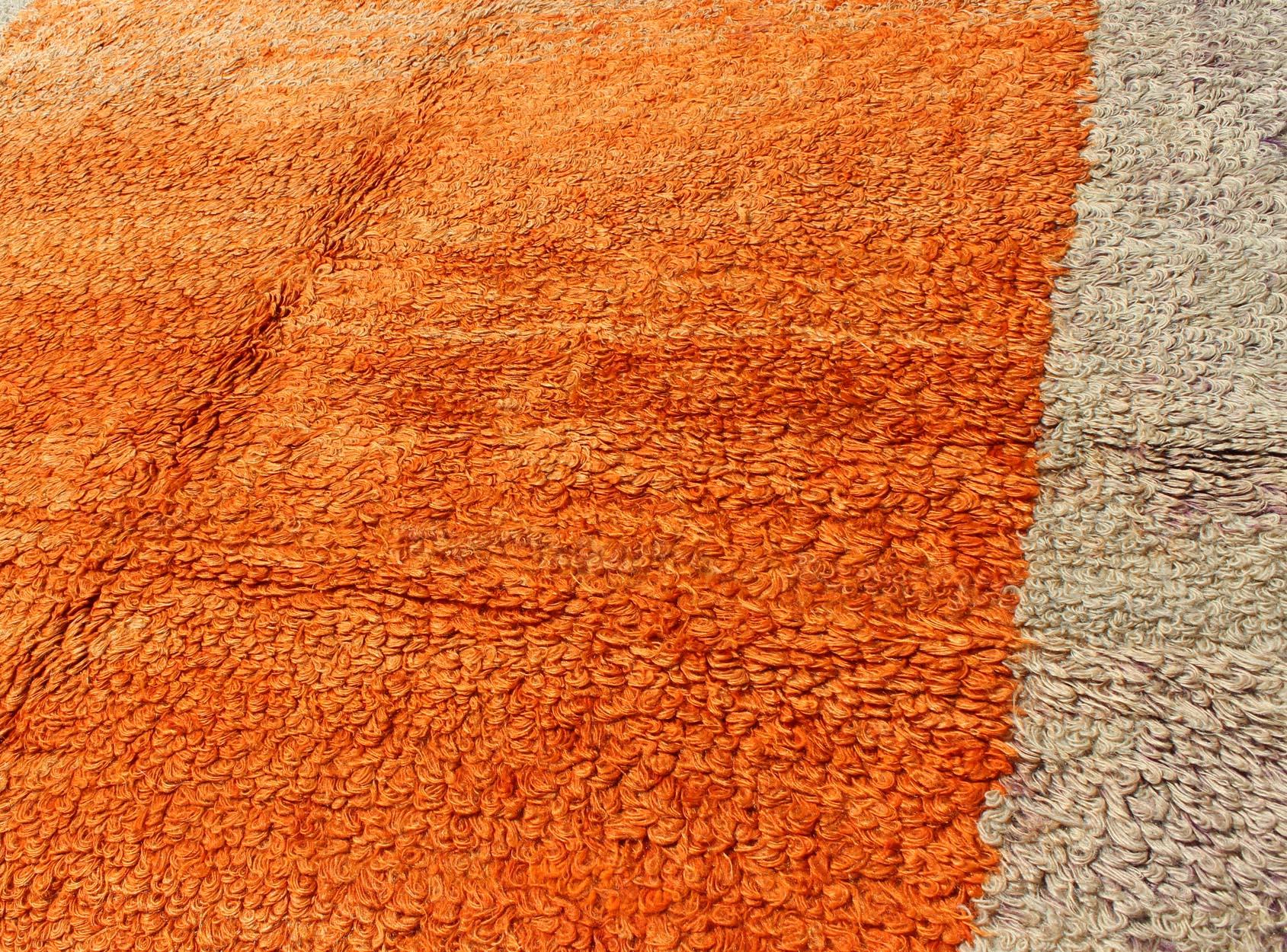 20th Century Squared Size Vintage Tulu with Minimalist Design Rug in Solid Orange and Taupe For Sale