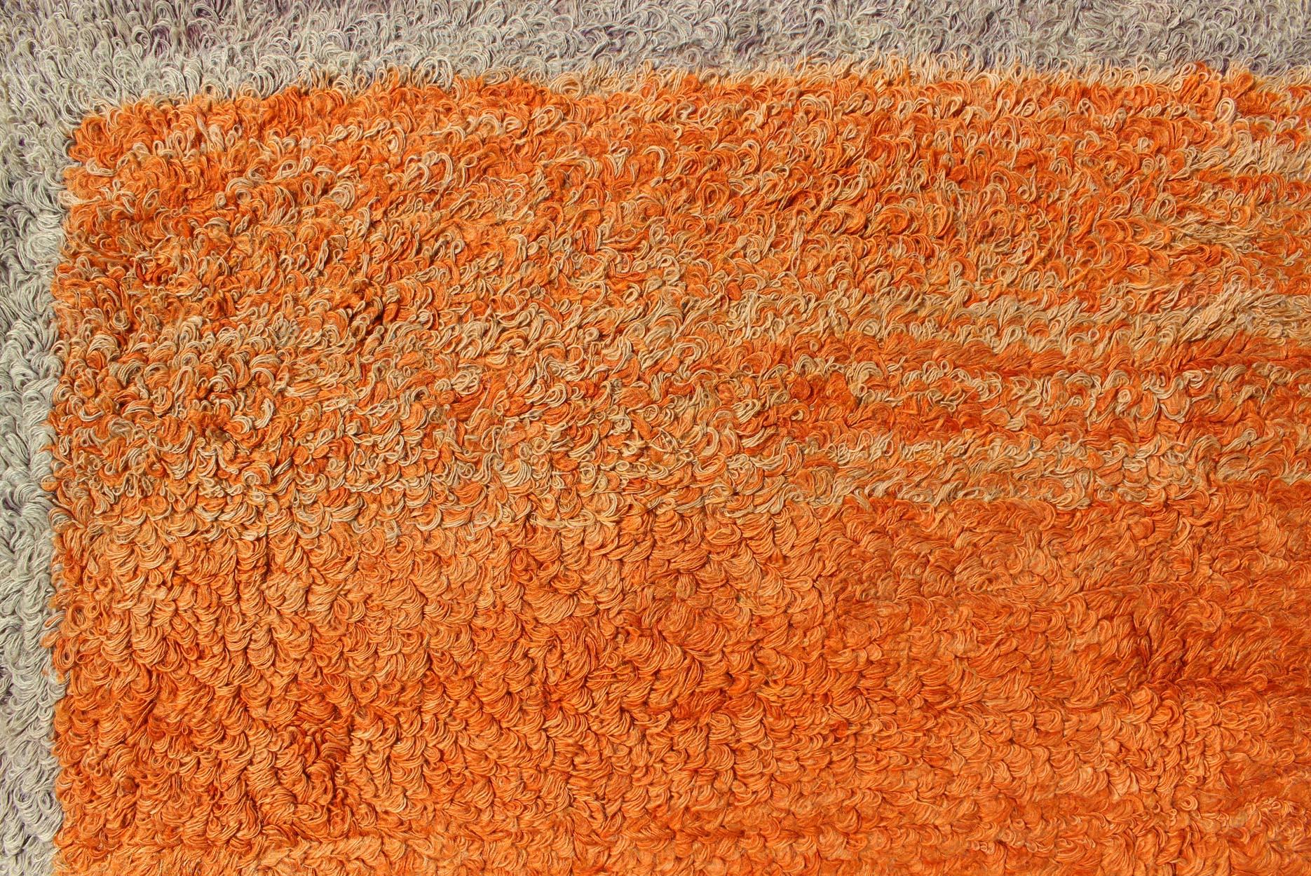 Squared Size Vintage Tulu with Minimalist Design Rug in Solid Orange and Taupe For Sale 1