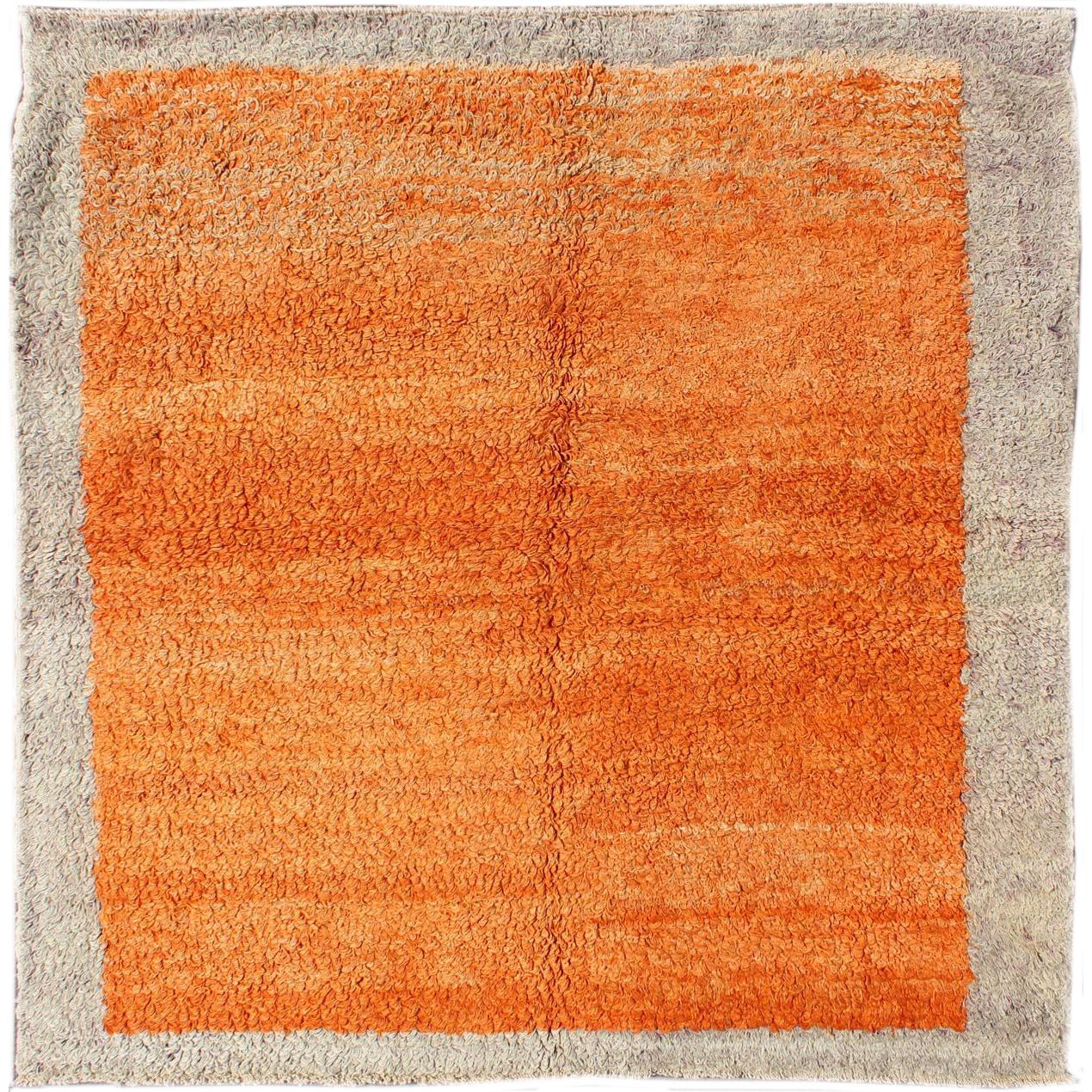 Squared Size Vintage Tulu with Minimalist Design Rug in Solid Orange and Taupe