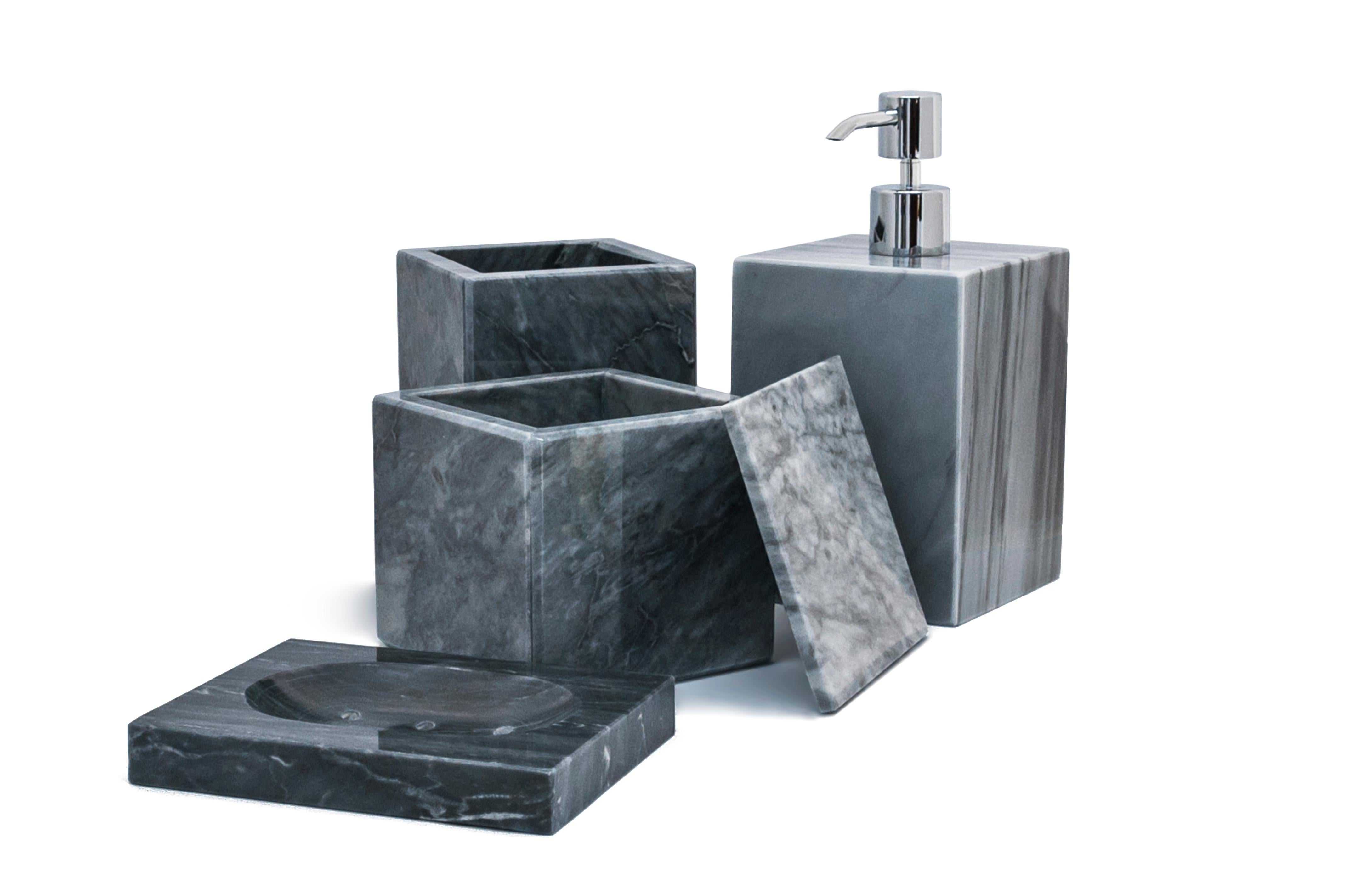 Squared shape soap dispenser in grey Bardiglio marble with dispenser pump in stainless steel.
Each piece is in a way unique (since each marble block is different in veins and shades) and handcrafted in Italy. Slight variations in shape, color and