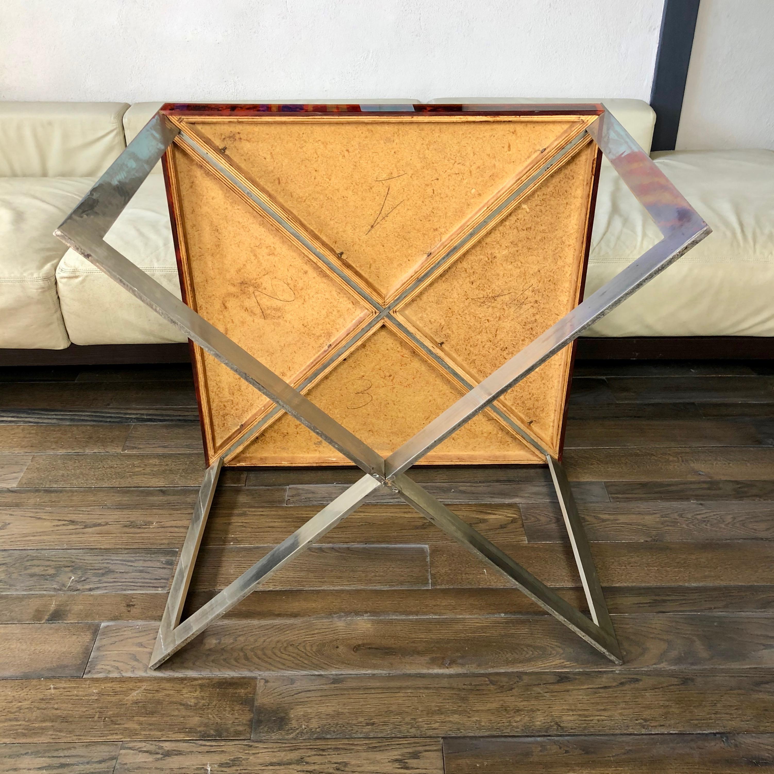 Late 20th Century Squared Table in Tortoiseshell Lucite and Steel Italy 1970s Faux Tortoise Shell For Sale