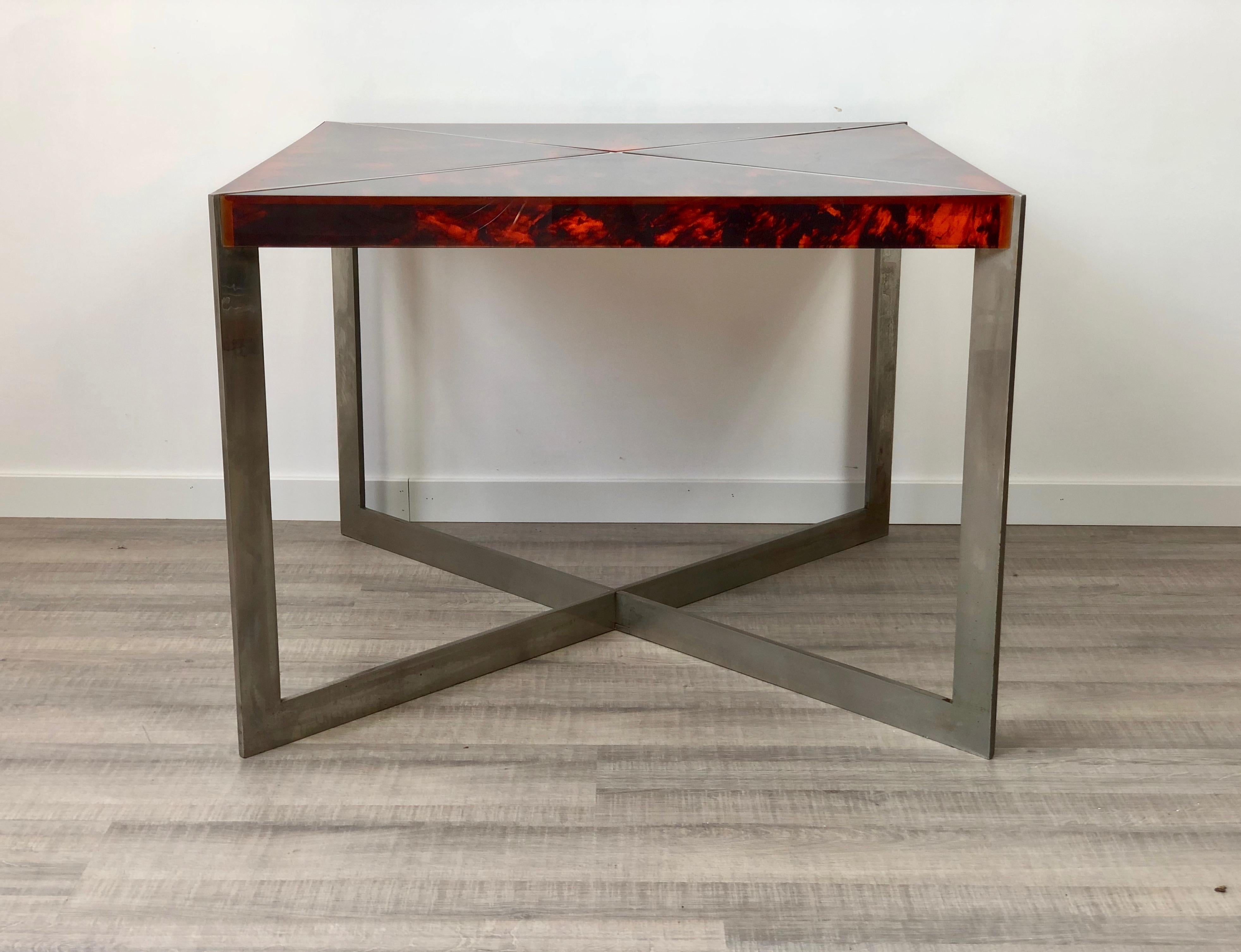 Italian Squared Table in Tortoiseshell Lucite and Steel Italy 1970s Faux Tortoise Shell For Sale