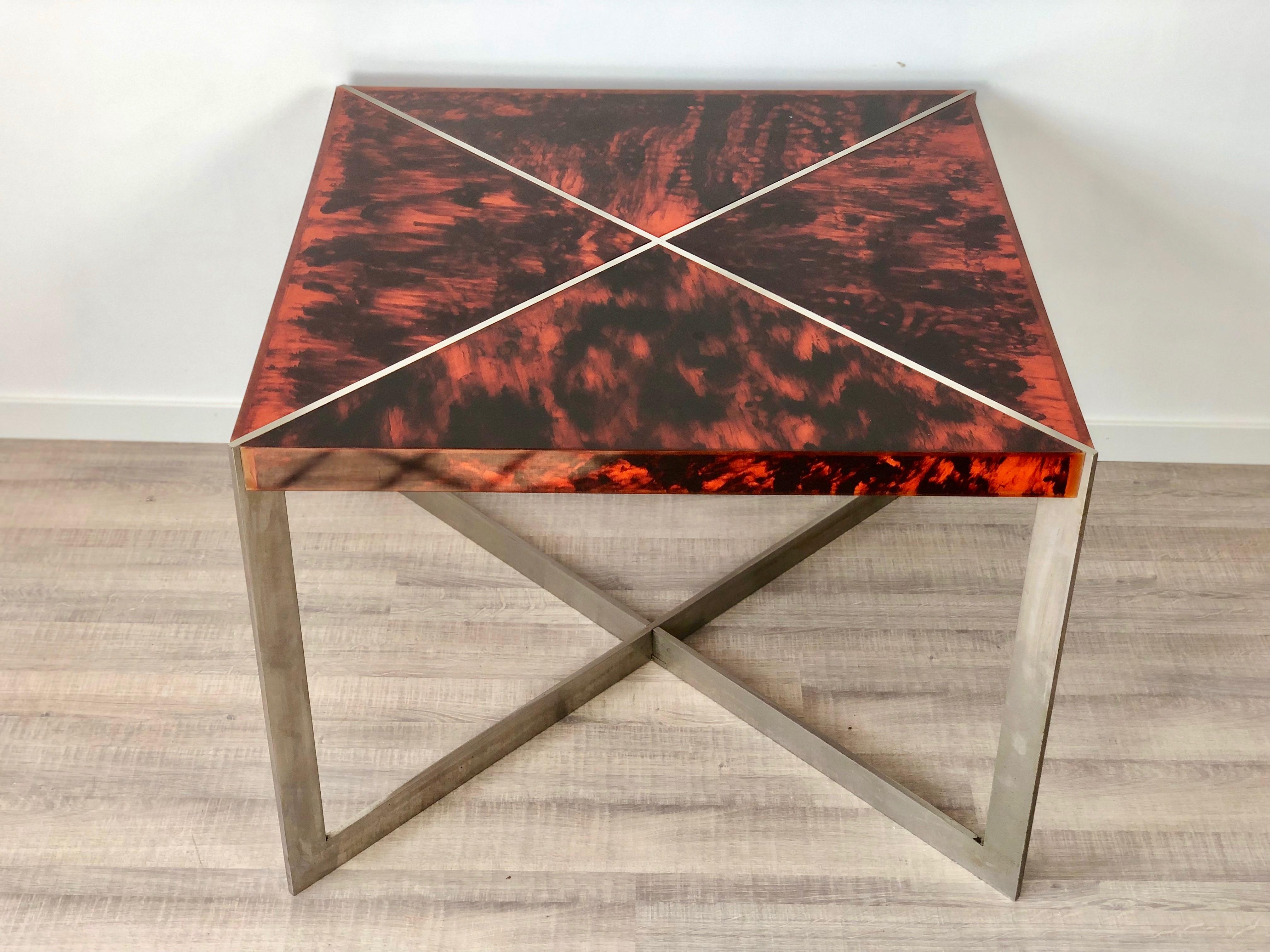 Squared Table in Tortoiseshell Lucite and Steel Italy 1970s Faux Tortoise Shell In Good Condition For Sale In Rome, IT