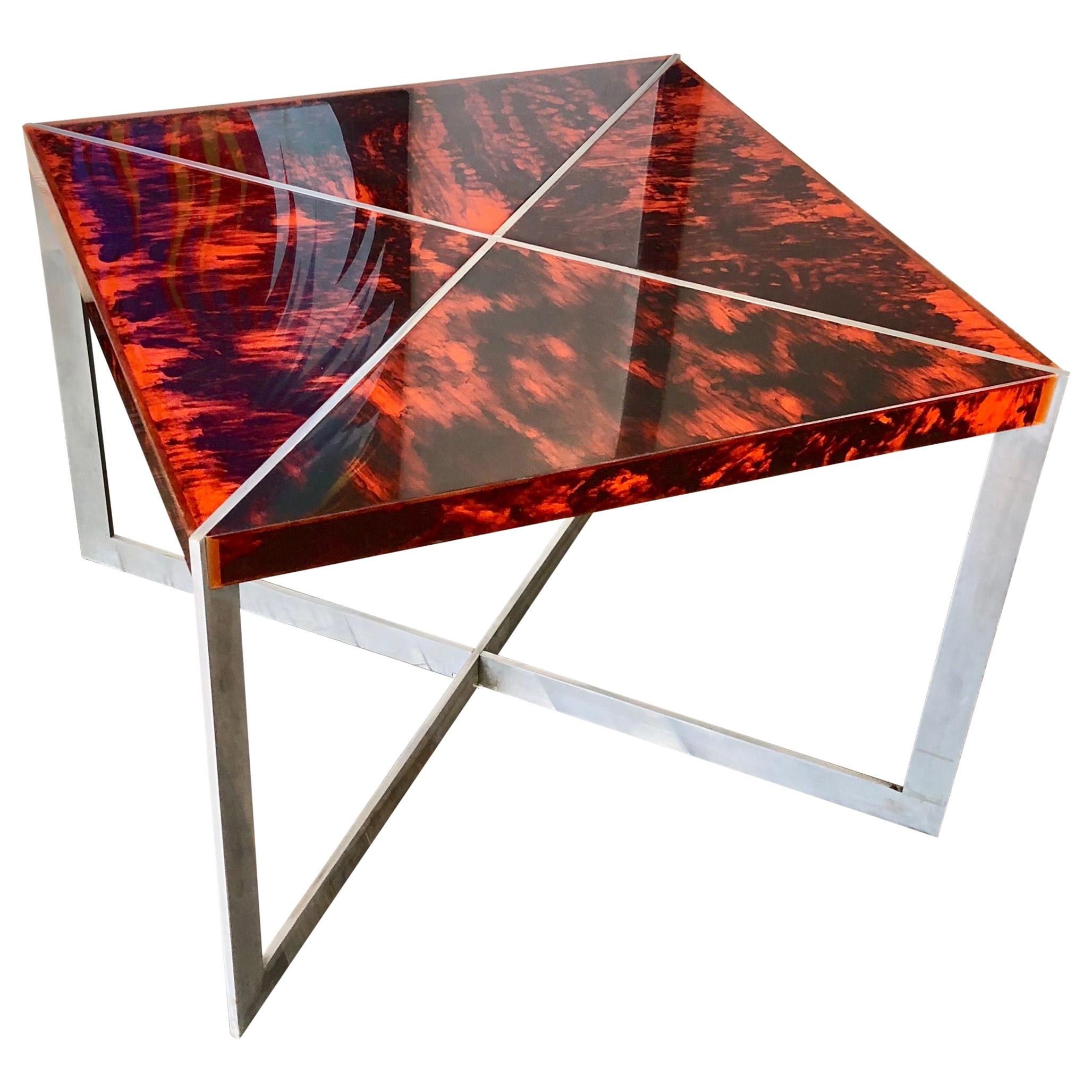 Squared Table in Tortoiseshell Lucite and Steel Italy 1970s Faux Tortoise Shell