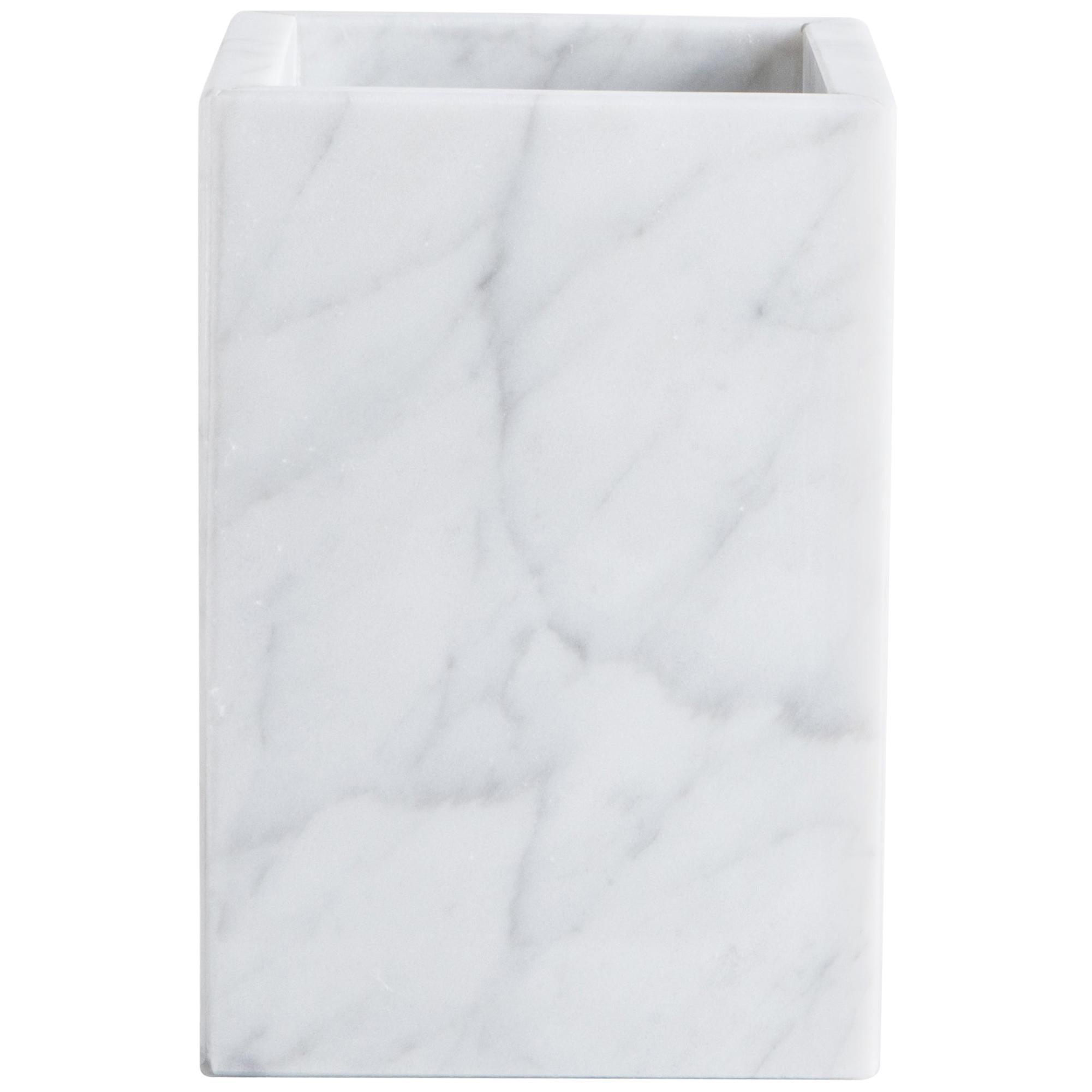 Handmade Squared Toothbrush Holder in White Carrara Marble For Sale