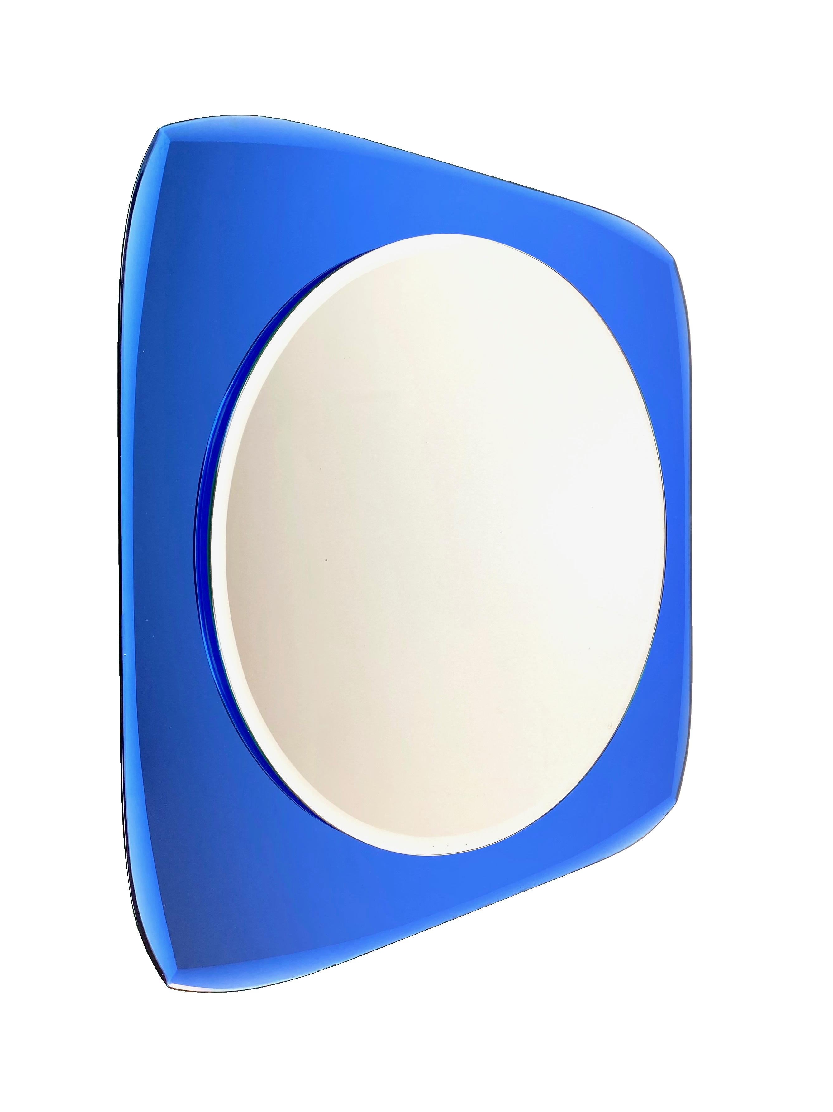 Squared wall blue framed mirror attributed to the Italian brand Fontana Arte, 1960s.