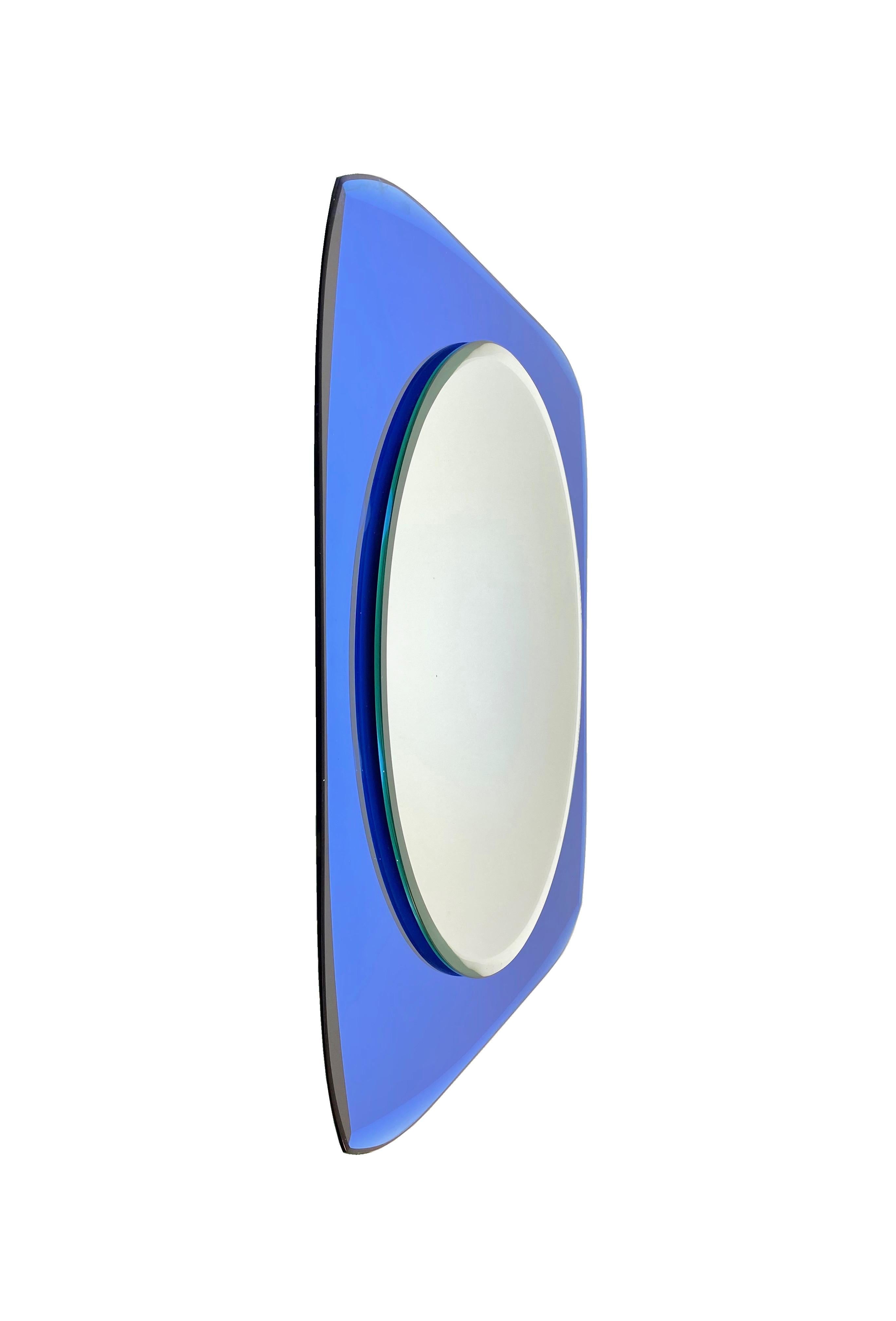 Mid-Century Modern Squared Wall Mirror Blue Attributed to Fontana Arte, Italy, 1960s For Sale