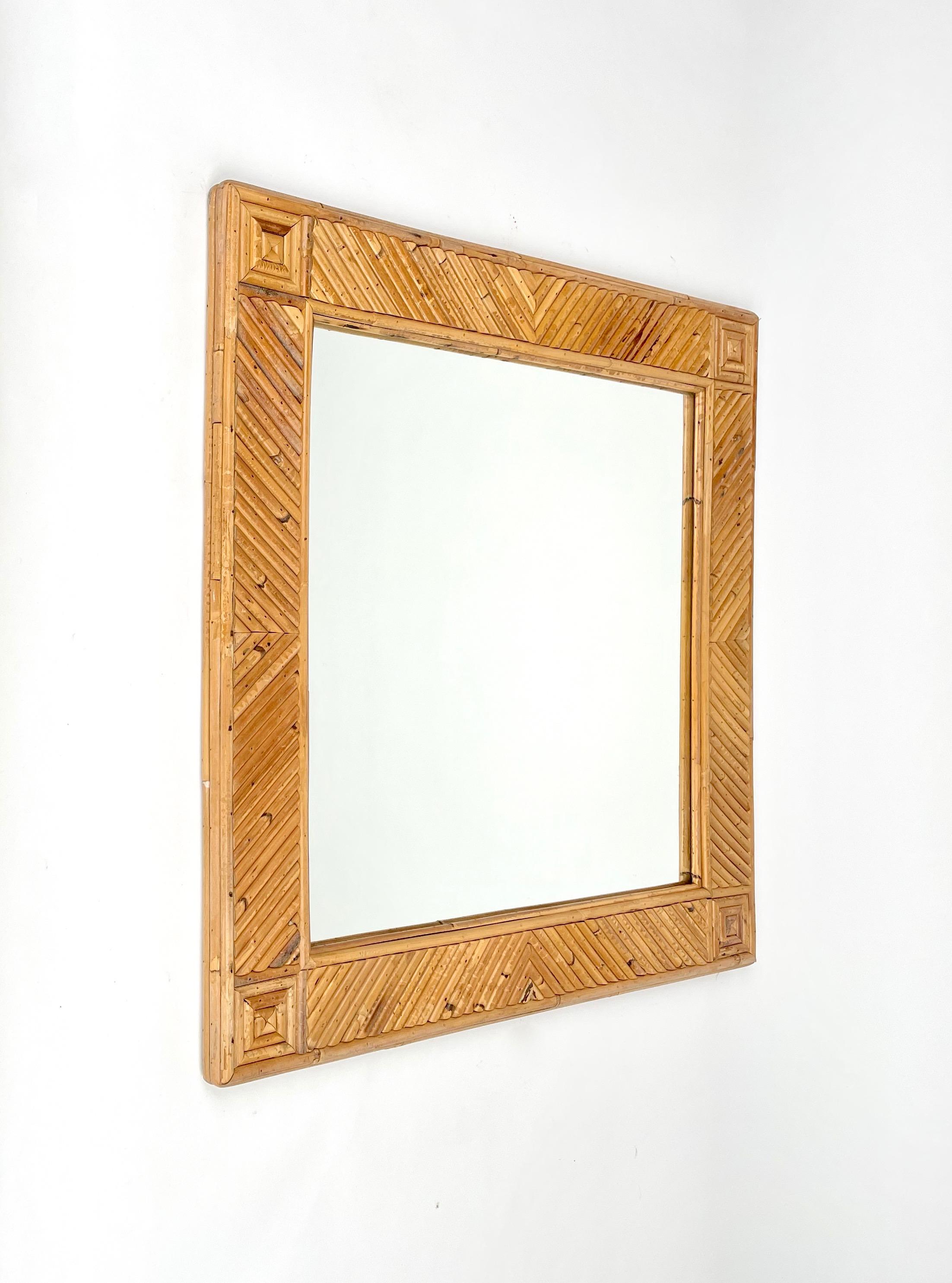 Mid-Century Modern Squared Wall Mirror Rattan & Bamboo Attributed to Vivai del Sud, Italy 1970s For Sale