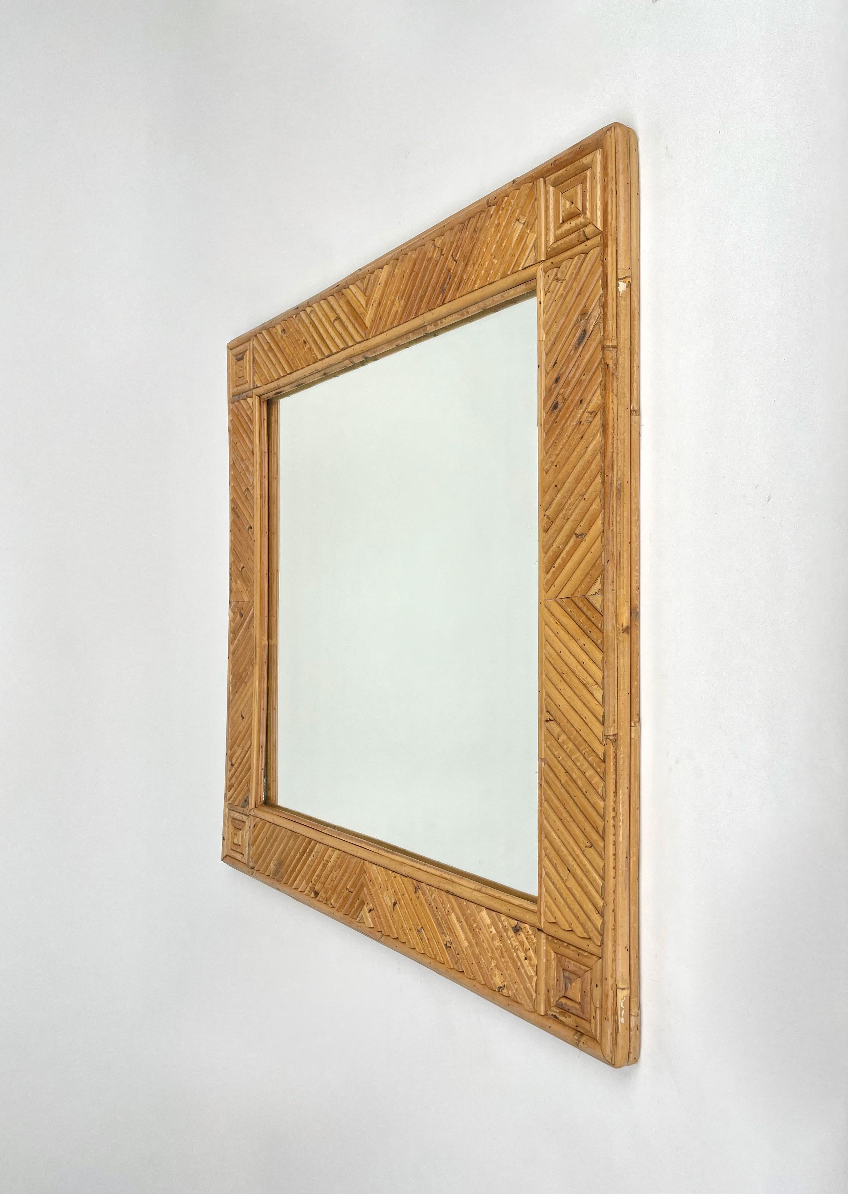 Italian Squared Wall Mirror Rattan & Bamboo Attributed to Vivai del Sud, Italy 1970s For Sale