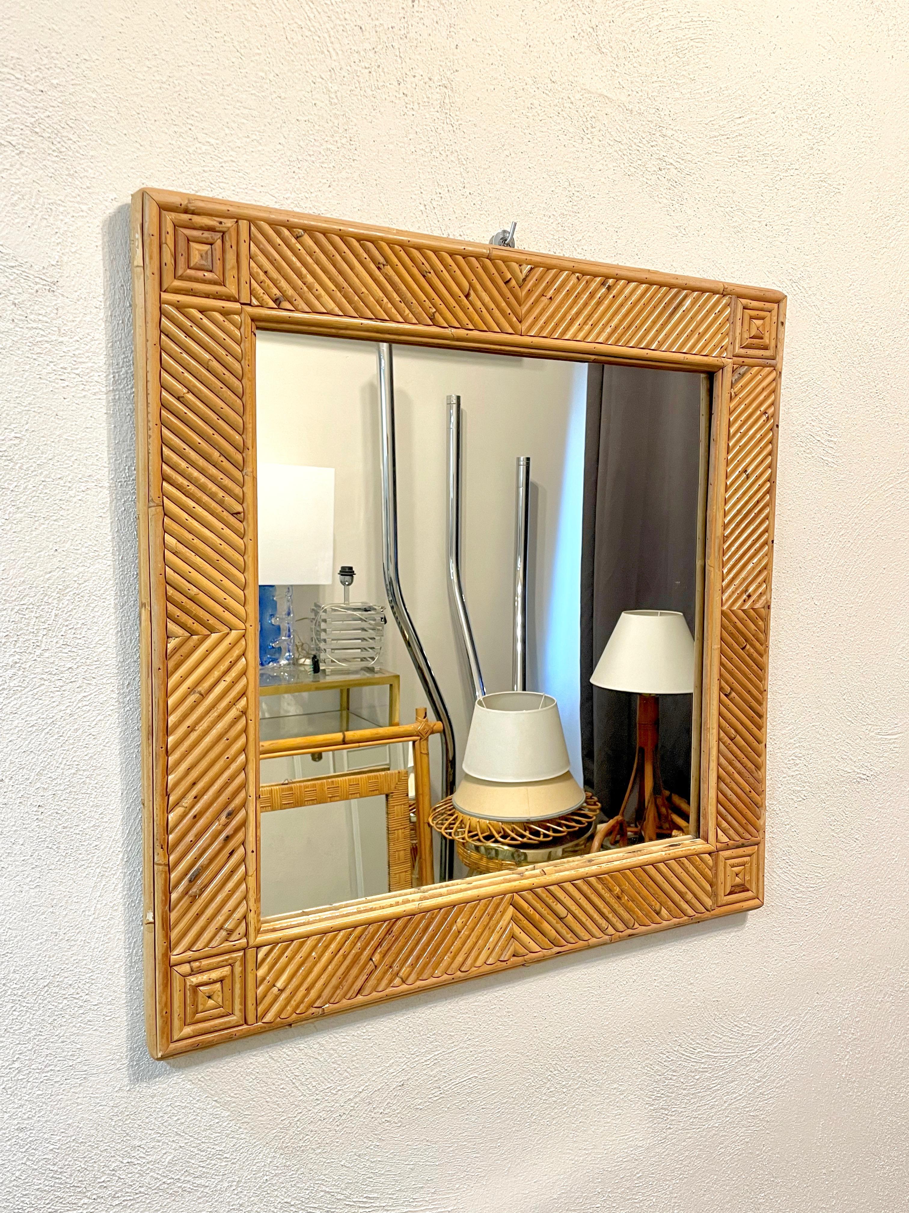 Squared Wall Mirror Rattan & Bamboo Attributed to Vivai del Sud, Italy 1970s In Good Condition For Sale In Rome, IT