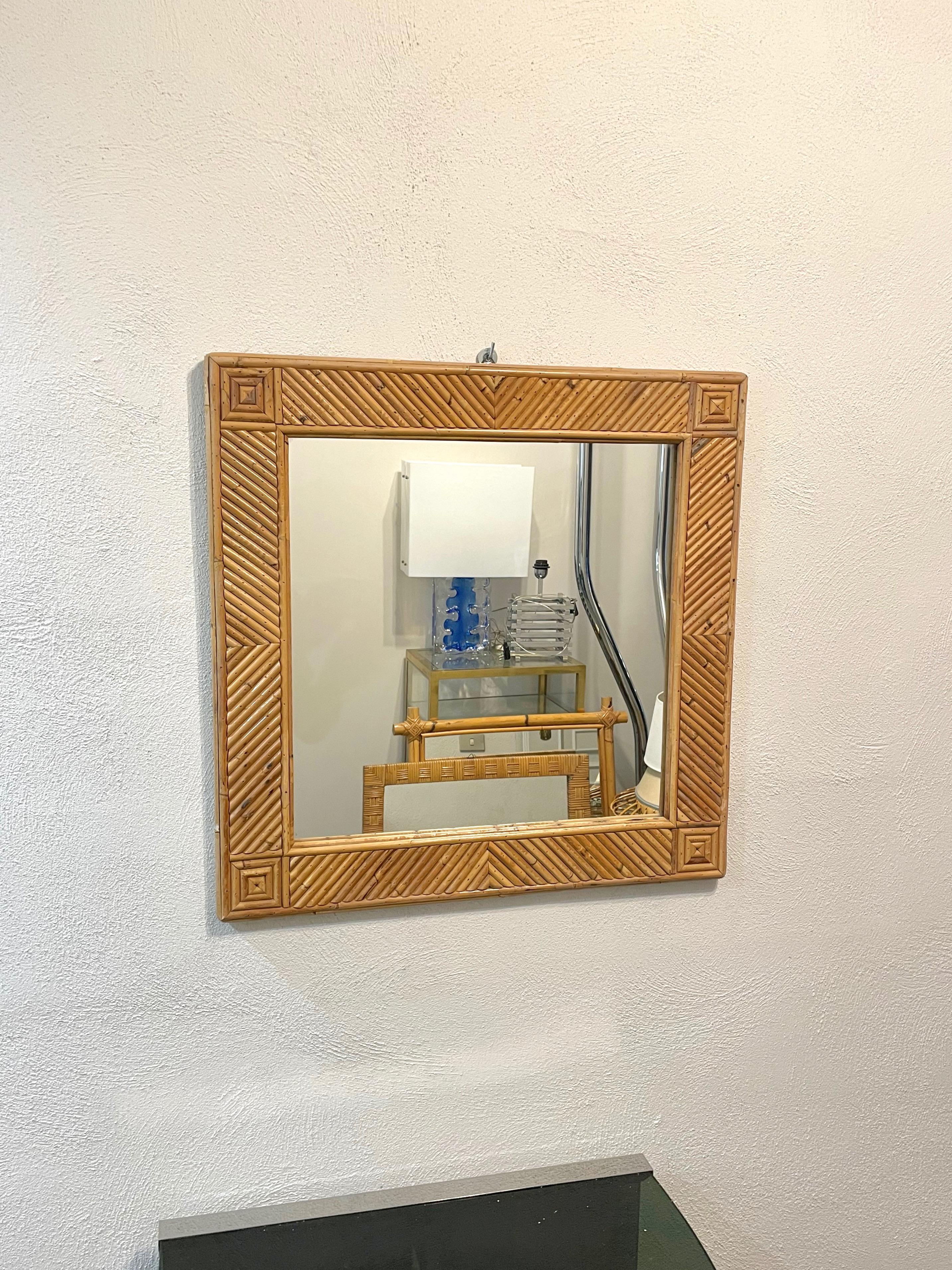 Late 20th Century Squared Wall Mirror Rattan & Bamboo Attributed to Vivai del Sud, Italy 1970s For Sale