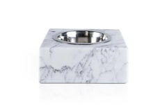 Handmade Squared White Carrara Marble Cats or Dogs Bowl with Removable Steel