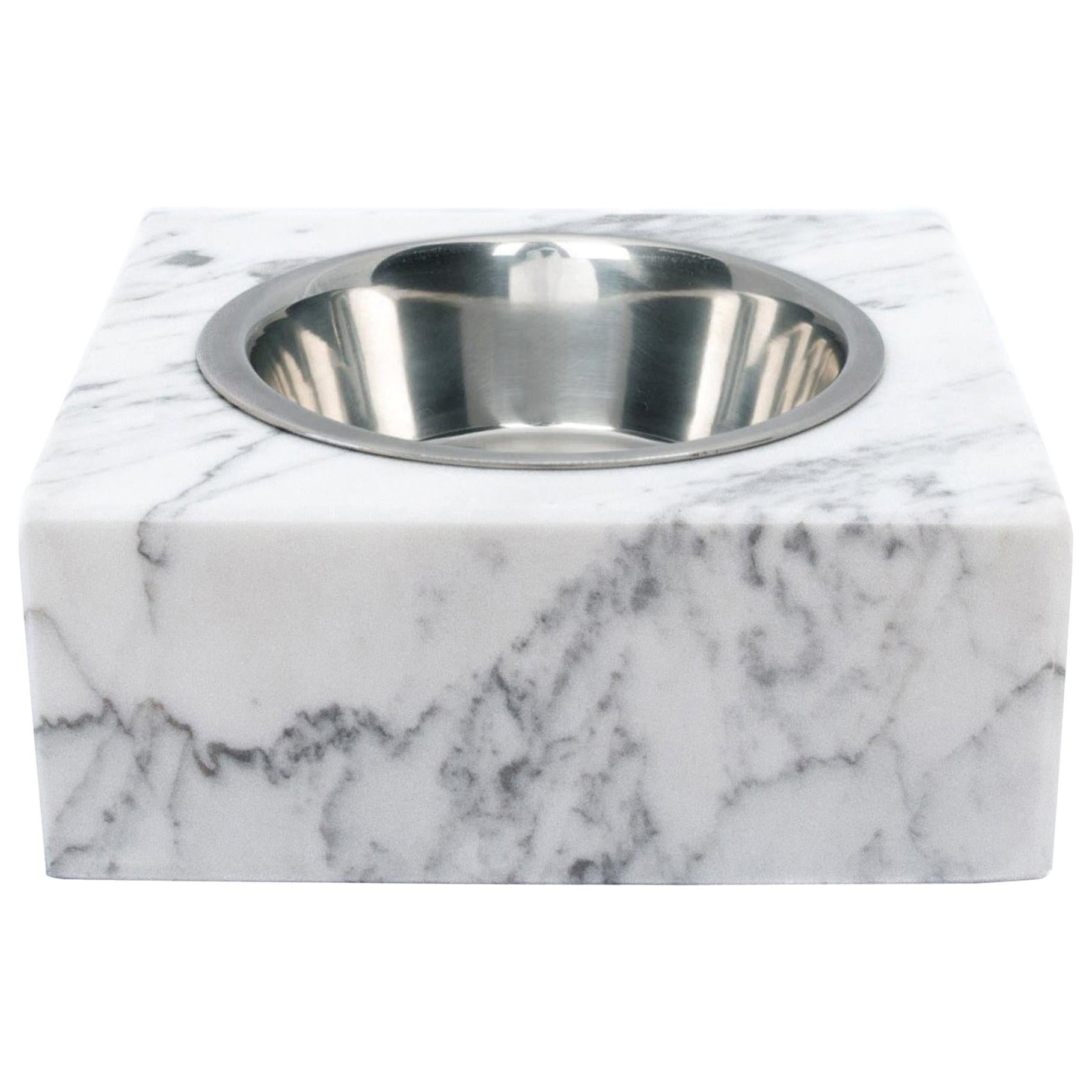 Handmade Squared White Carrara Marble Cats or Dogs Bowl with Removable Steel For Sale