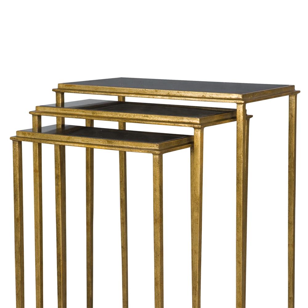 A timeless nest of three gilt metal tables, complemented with a black granite inlay
Gold iron finish with Italian black granite top
Supplied as a set of three.