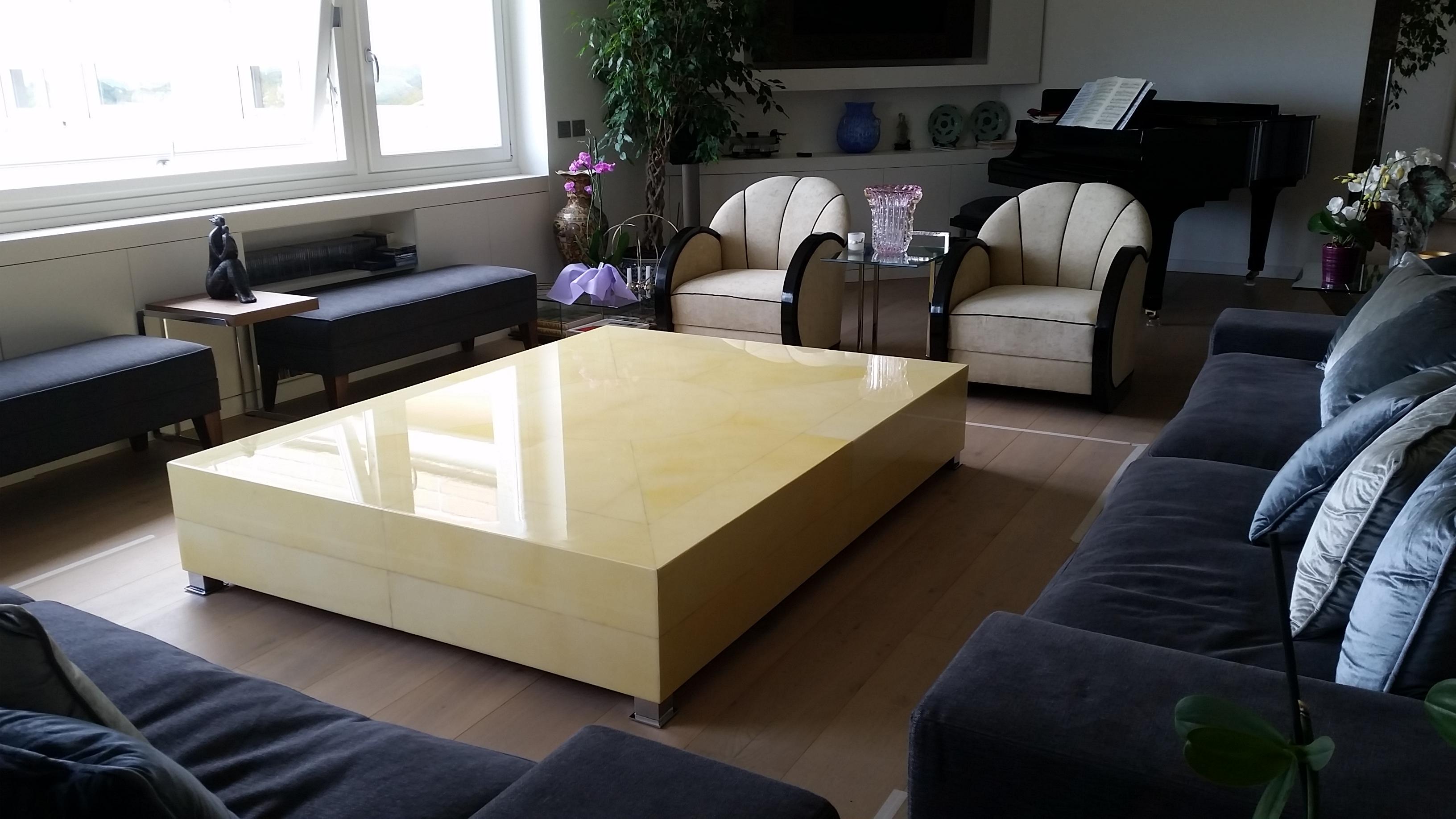 Contemporary Squarish Goat Skin and Resin Italian Modern Sofa Table For Sale