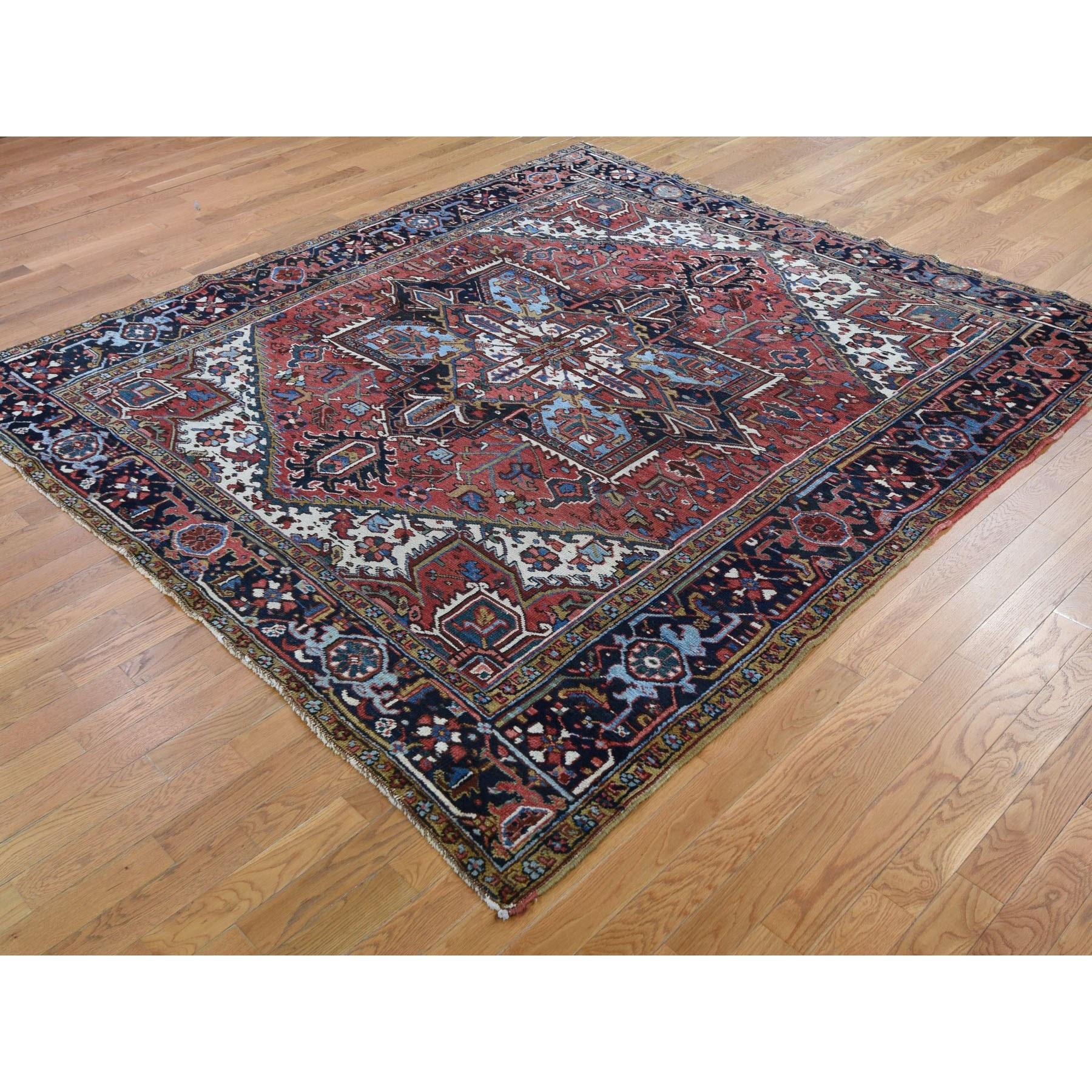 Hand-Knotted Squarish Red Antique Persian Heriz Good Condition Clean Oriental Rug