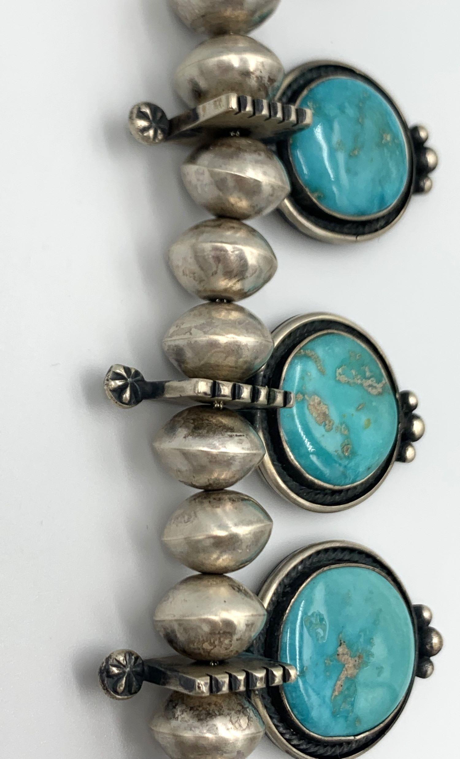 Women's or Men's Squash Blossom Necklace Earrings Set by Navajo Silversmith Tommy Jackson For Sale
