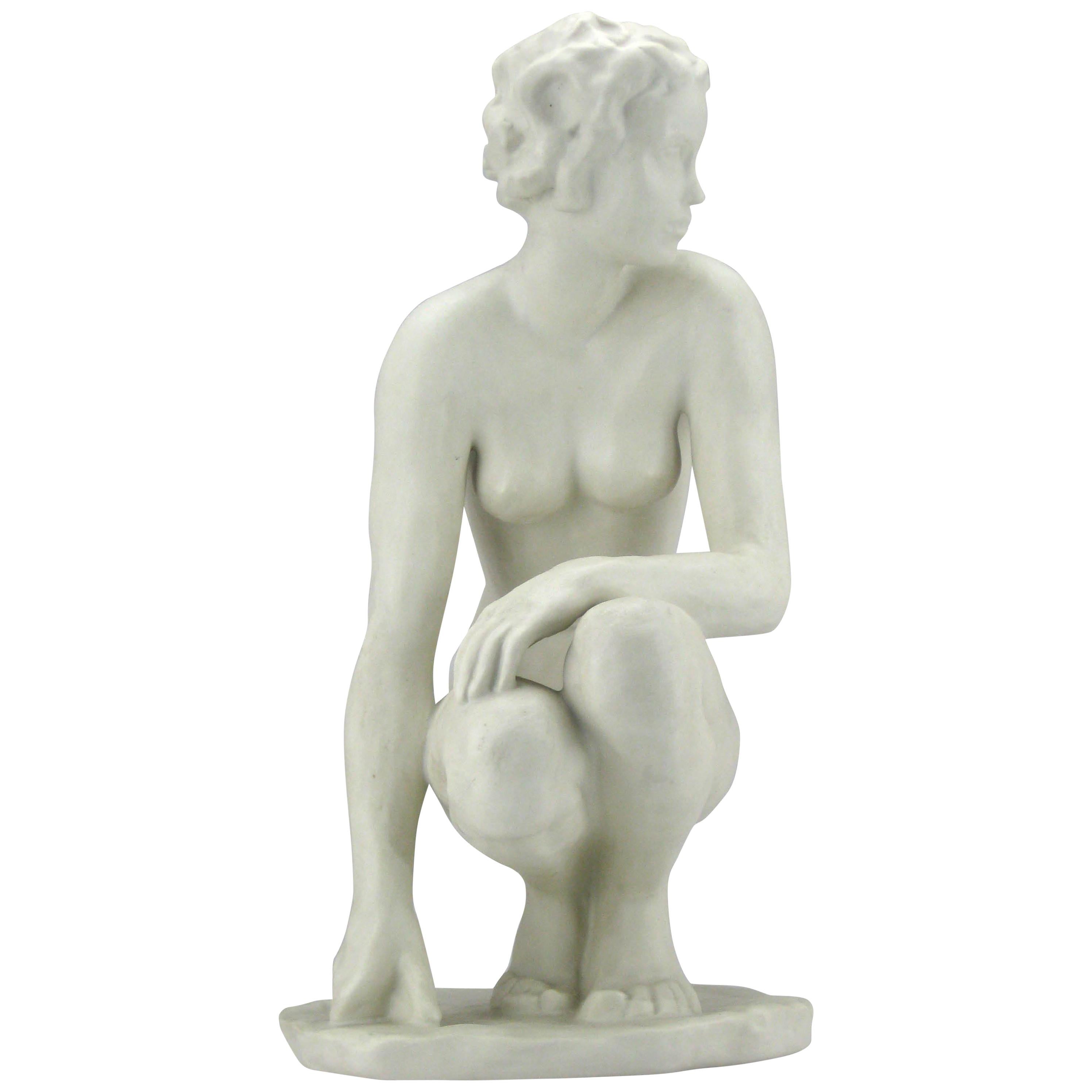 Squatting Nude Rosenthal Bisquit Porcelain Signed by Fritz Klimsch For Sale