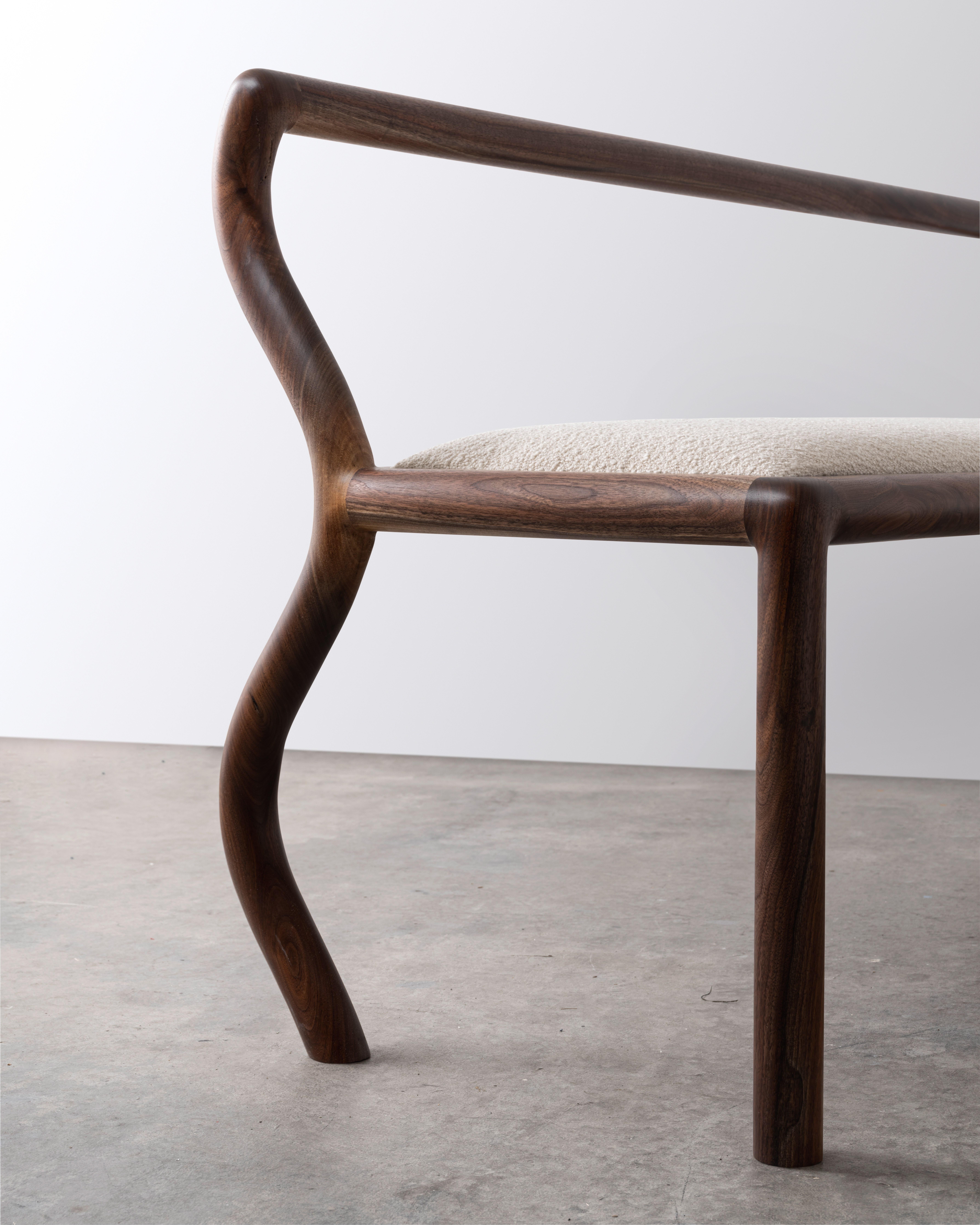 Contemporary Squiggle Bench / Hand Sculpted Walnut & Natural Bouclé Upholstery For Sale