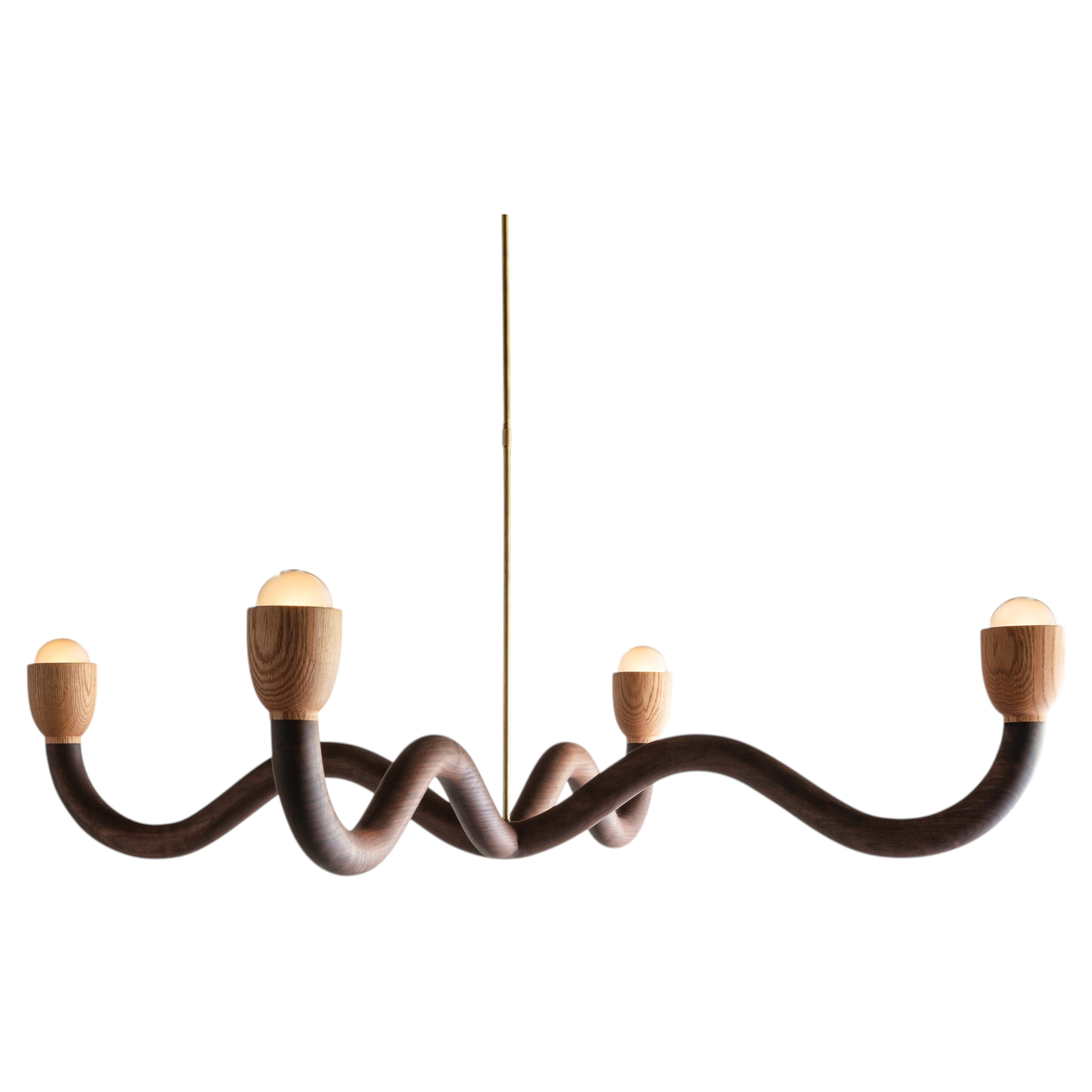 Squiggle Chandelier by Chris Miano, Hand-Sculpted Walnut & Oak For Sale