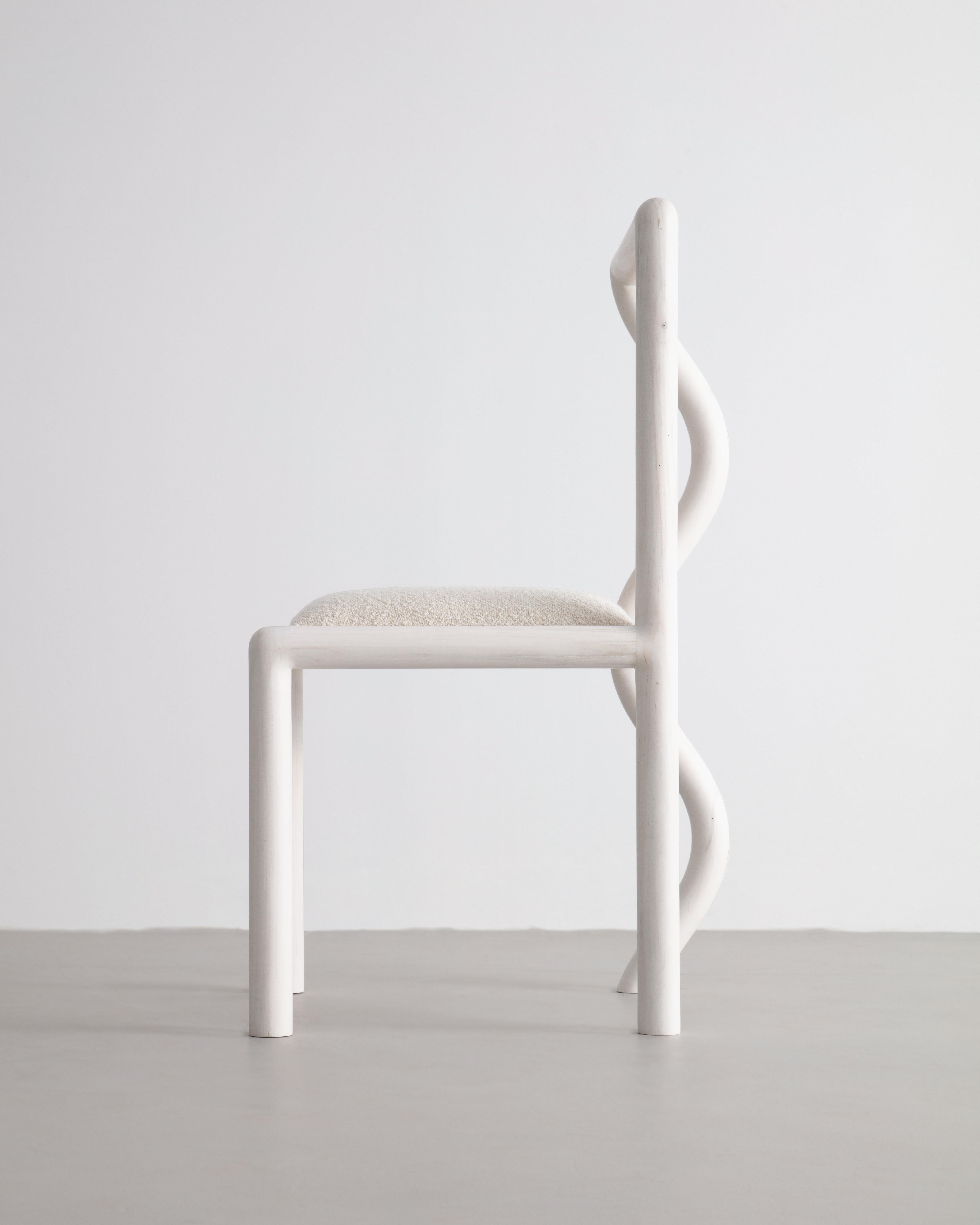American Craftsman Squiggle Dining Chair Hand Sculpted Bleached Maple & Natural Bouclé Upholstery For Sale