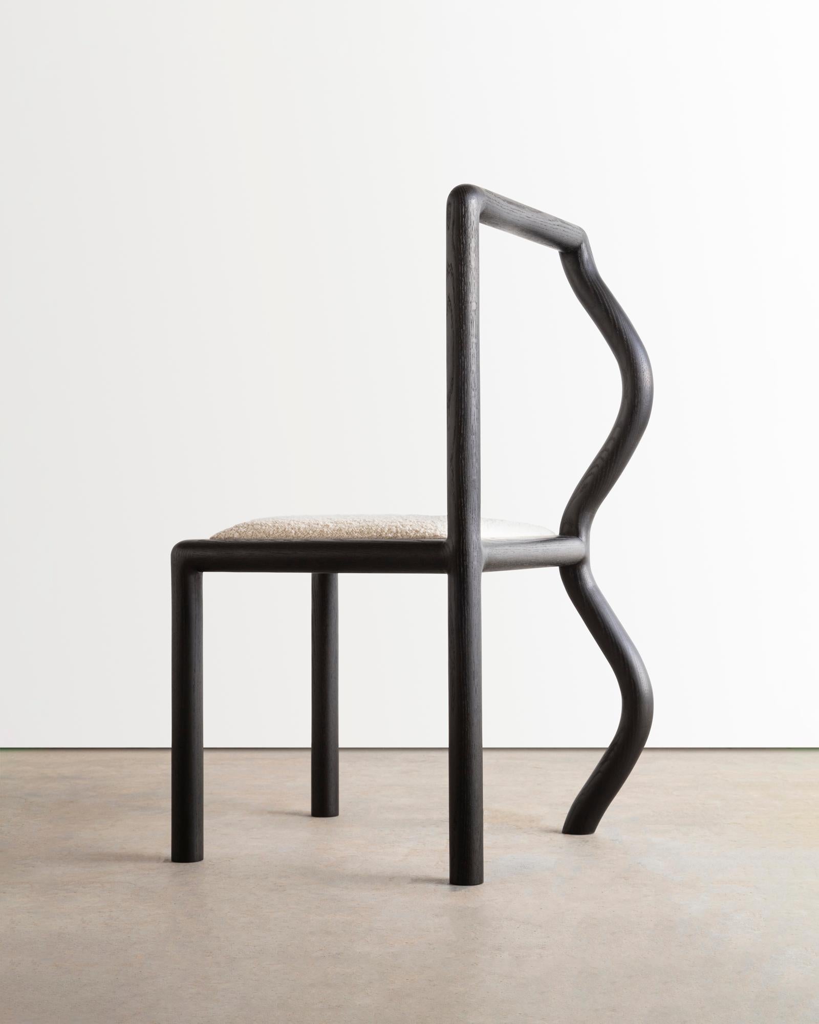North American Squiggle Dining Chair / Hand Sculpted Ebonized Oak & Natural Bouclé Upholstery For Sale