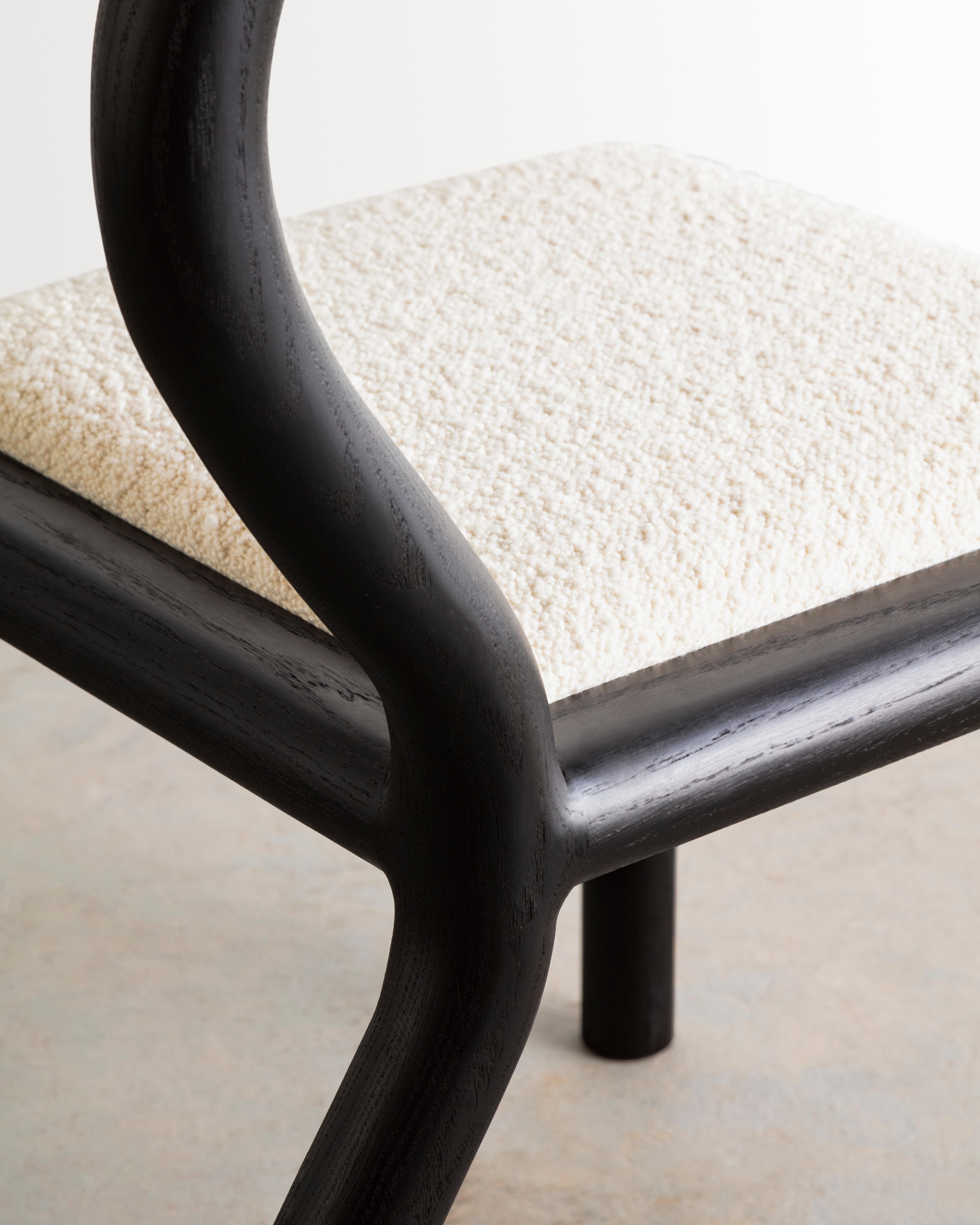 Hand-Carved Squiggle Dining Chair / Hand Sculpted Ebonized Oak & Natural Bouclé Upholstery For Sale