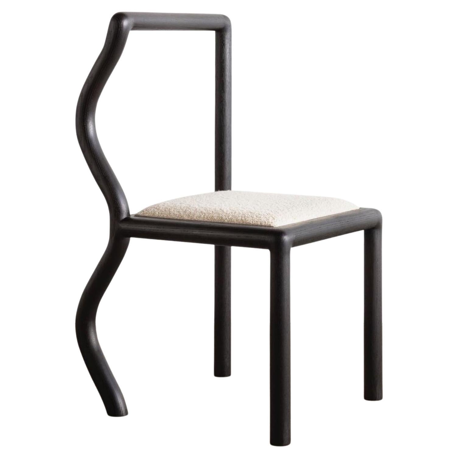 Squiggle Dining Chair / Hand Sculpted Ebonized Oak & Natural Bouclé Upholstery For Sale