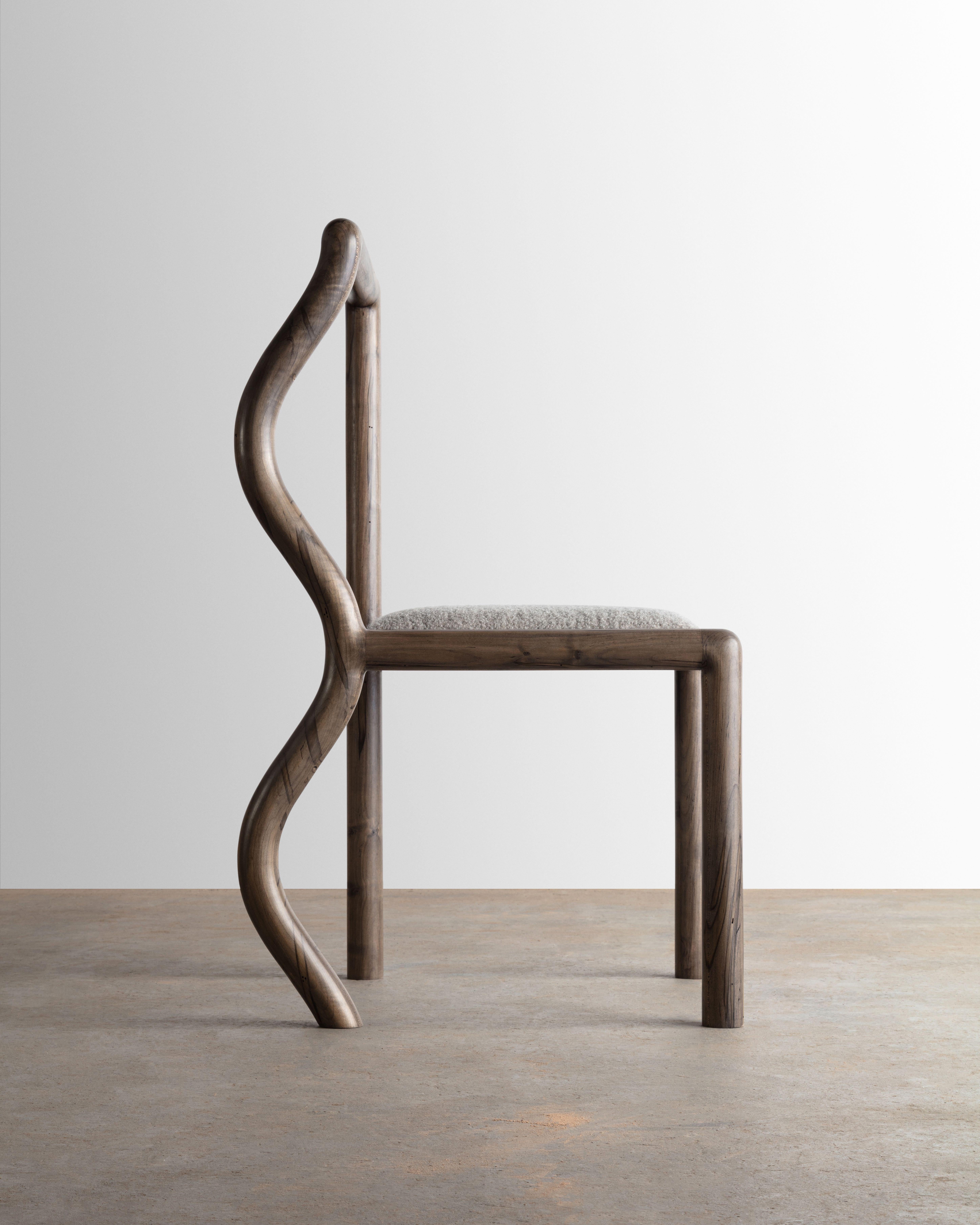 American Craftsman Squiggle Dining Chair Hand Sculpted Oxidized Maple & Natural Bouclé Upholstery  For Sale