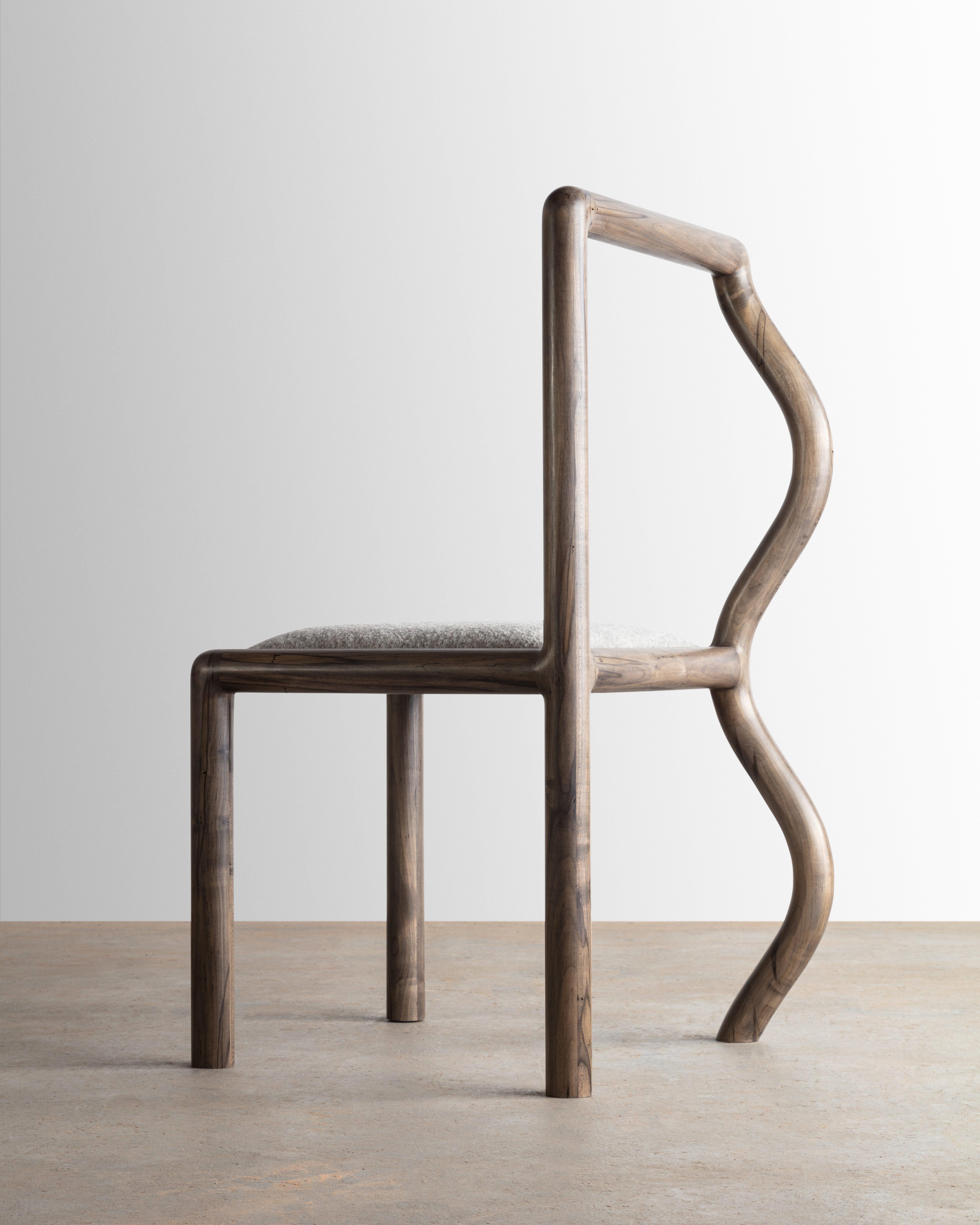 American Squiggle Dining Chair Hand Sculpted Oxidized Maple & Natural Bouclé Upholstery  For Sale