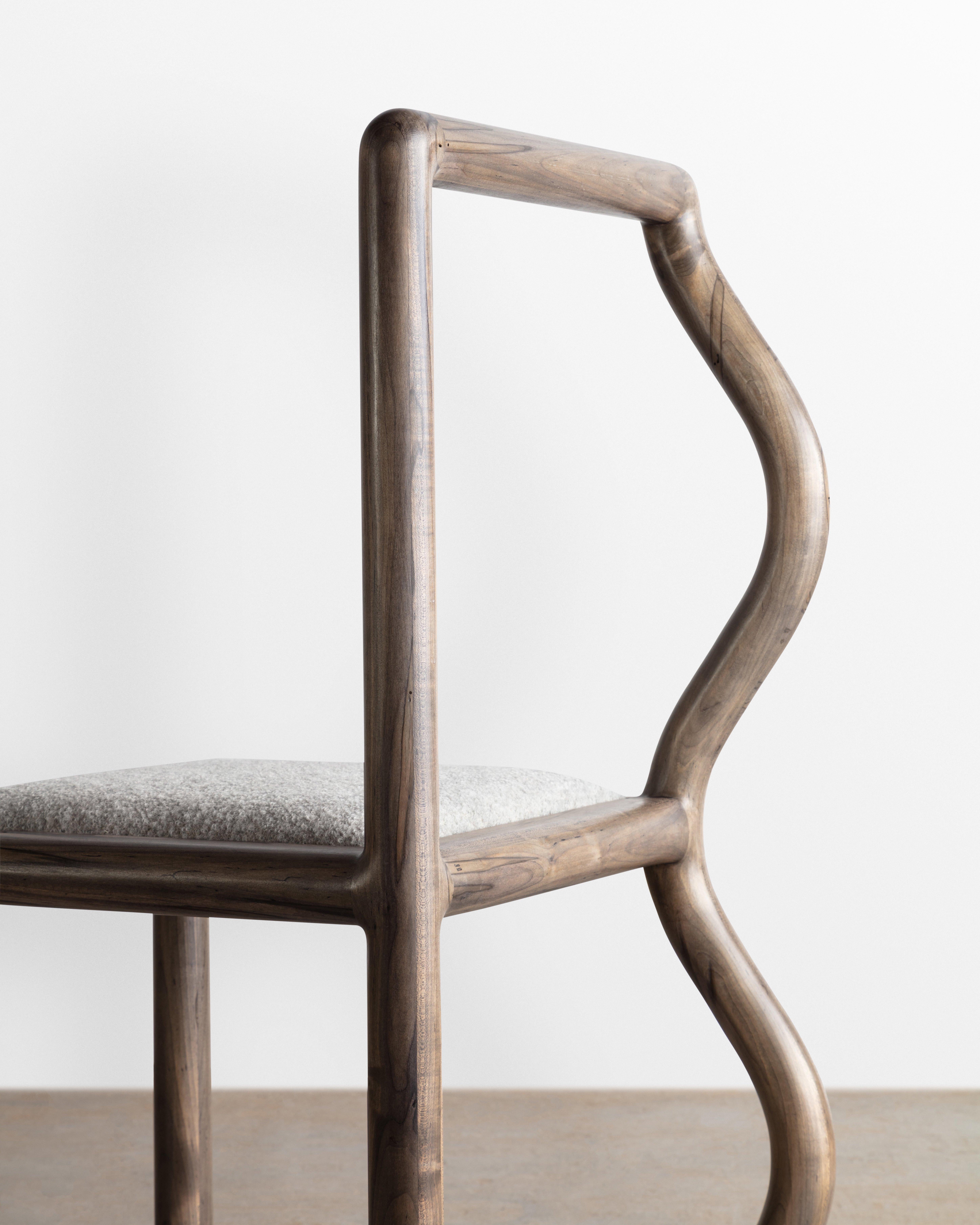 Contemporary Squiggle Dining Chair Hand Sculpted Oxidized Maple & Natural Bouclé Upholstery  For Sale