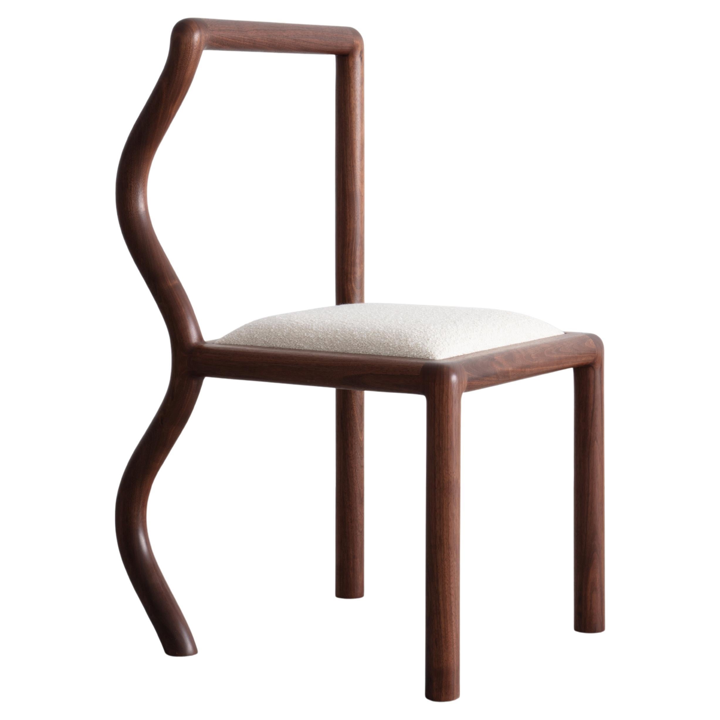 Squiggle Dining Chair / Hand sculpted Walnut & Natural Bouclé upholstery For Sale