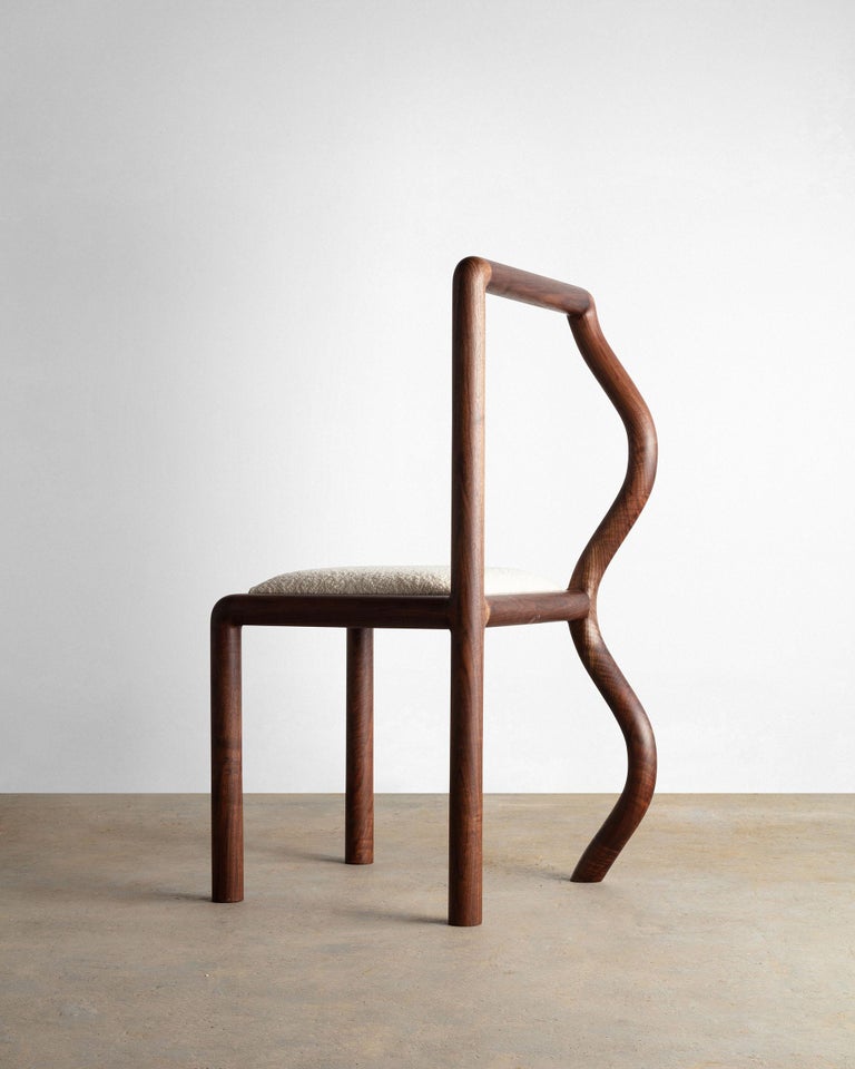 Modern Hand-Sculpted Squiggle Dining or Side Chair in Walnut and Bouclé Upholstery For Sale