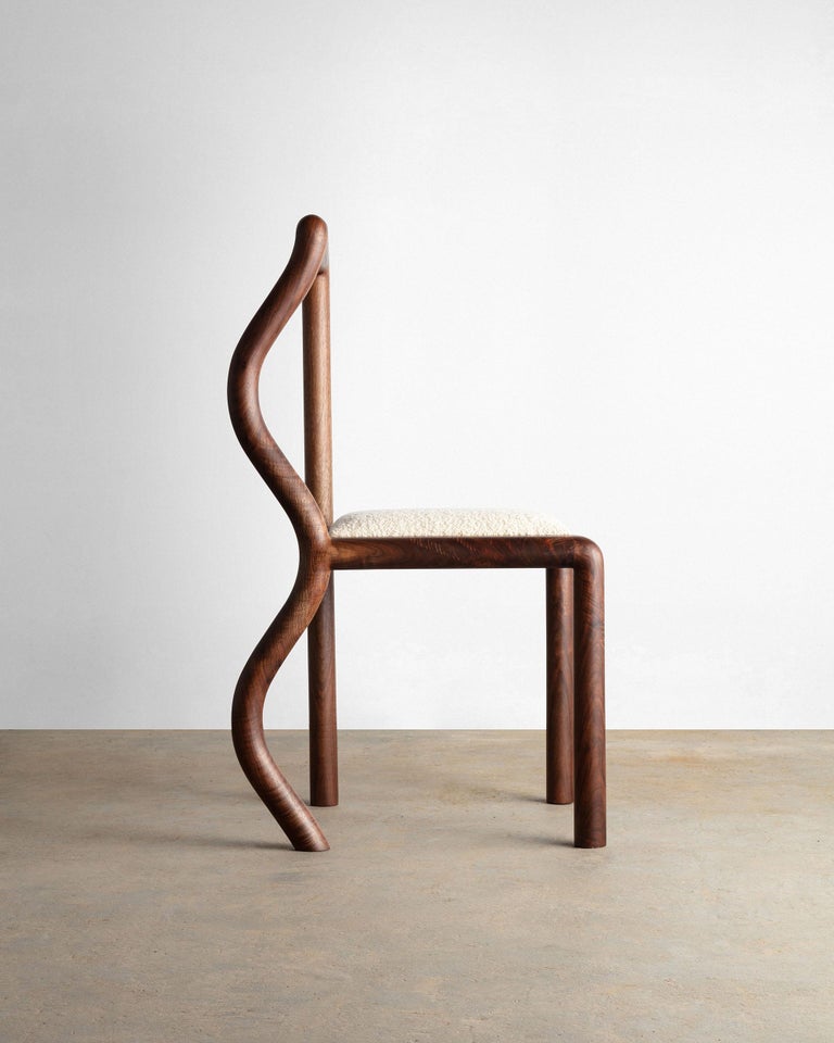 American Hand-Sculpted Squiggle Dining or Side Chair in Walnut and Bouclé Upholstery For Sale