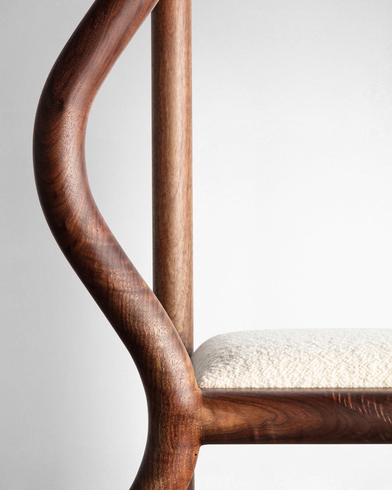 Oiled Hand-Sculpted Squiggle Dining or Side Chair in Walnut and Bouclé Upholstery For Sale