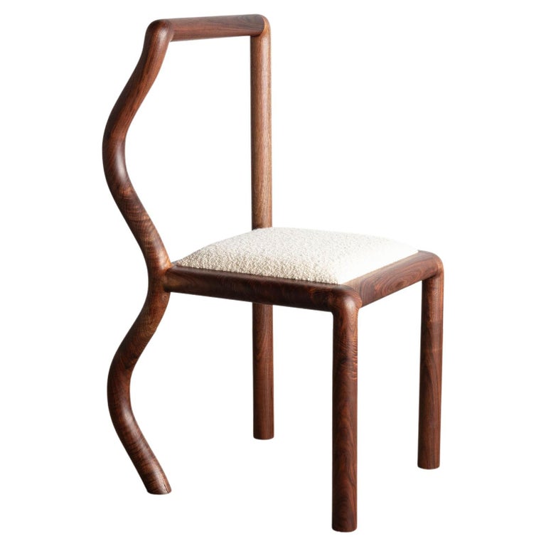 Hand-Sculpted Squiggle Dining or Side Chair in Walnut and Bouclé Upholstery For Sale
