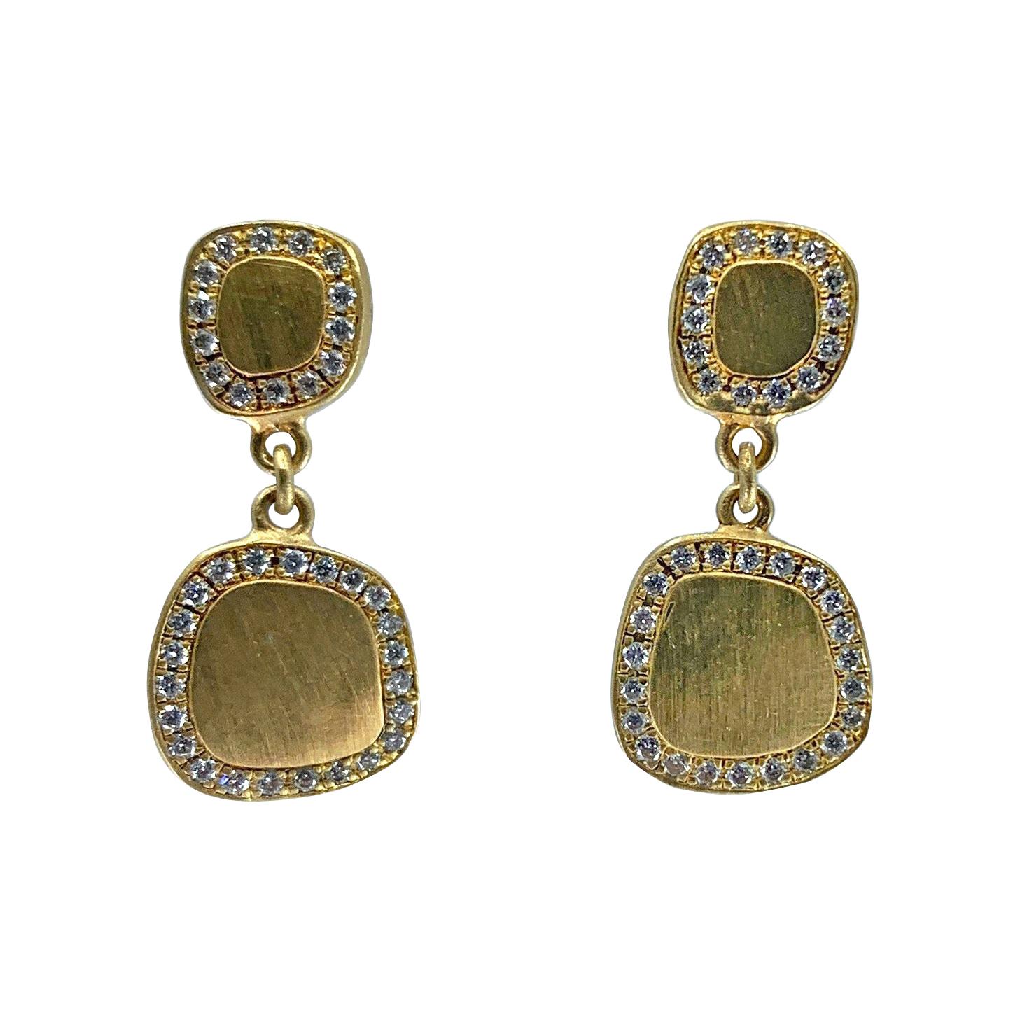 "Squircle" Drop Earrings in Brushed 18 Karat Gold and Diamonds