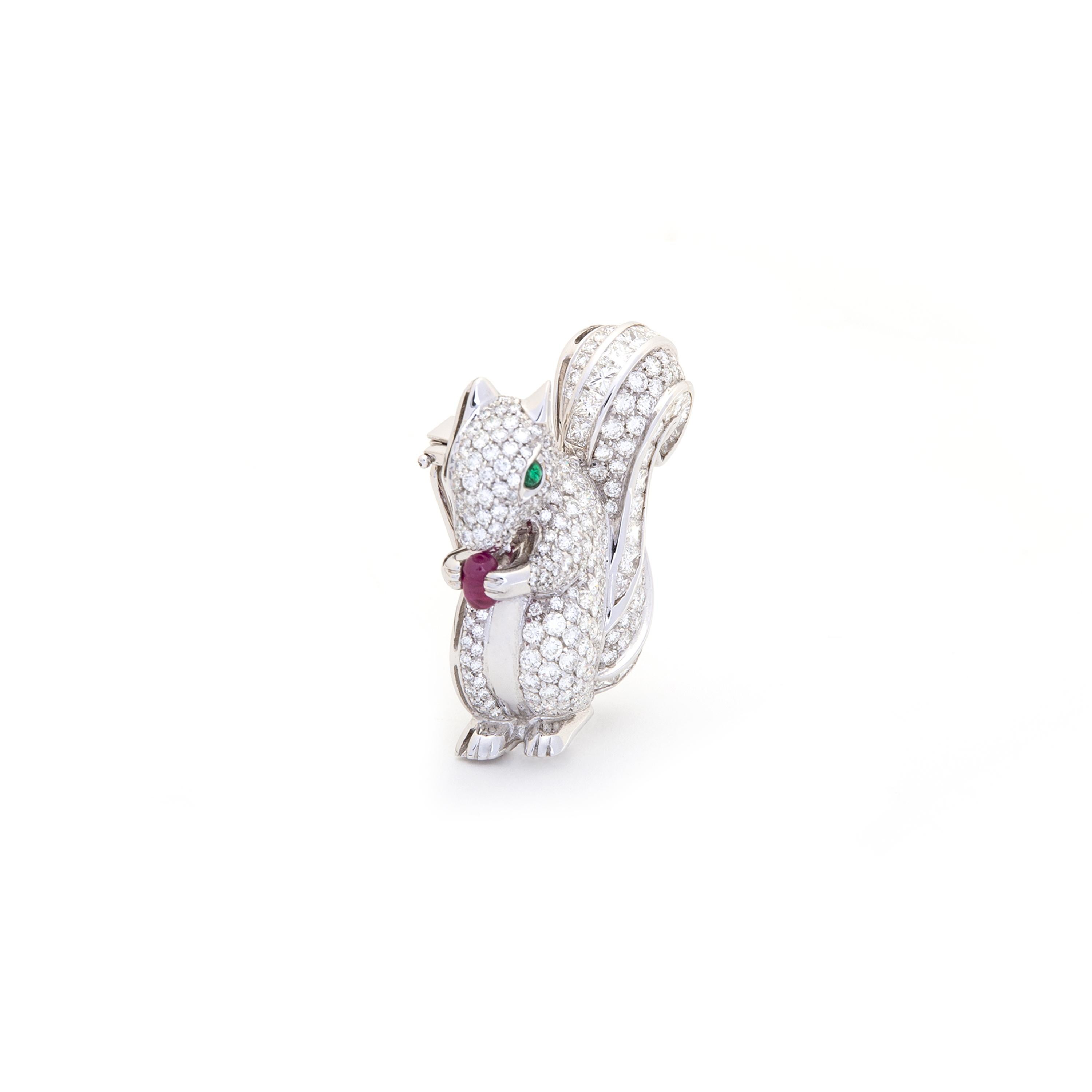 Lovely Squirrel Brooch set by 30 Diamonds 3.41 carats, 261 Diamonds 3.90 carats, one Emeraude 0.12 carat and one Ruby 2.02 carats on white gold 18k.