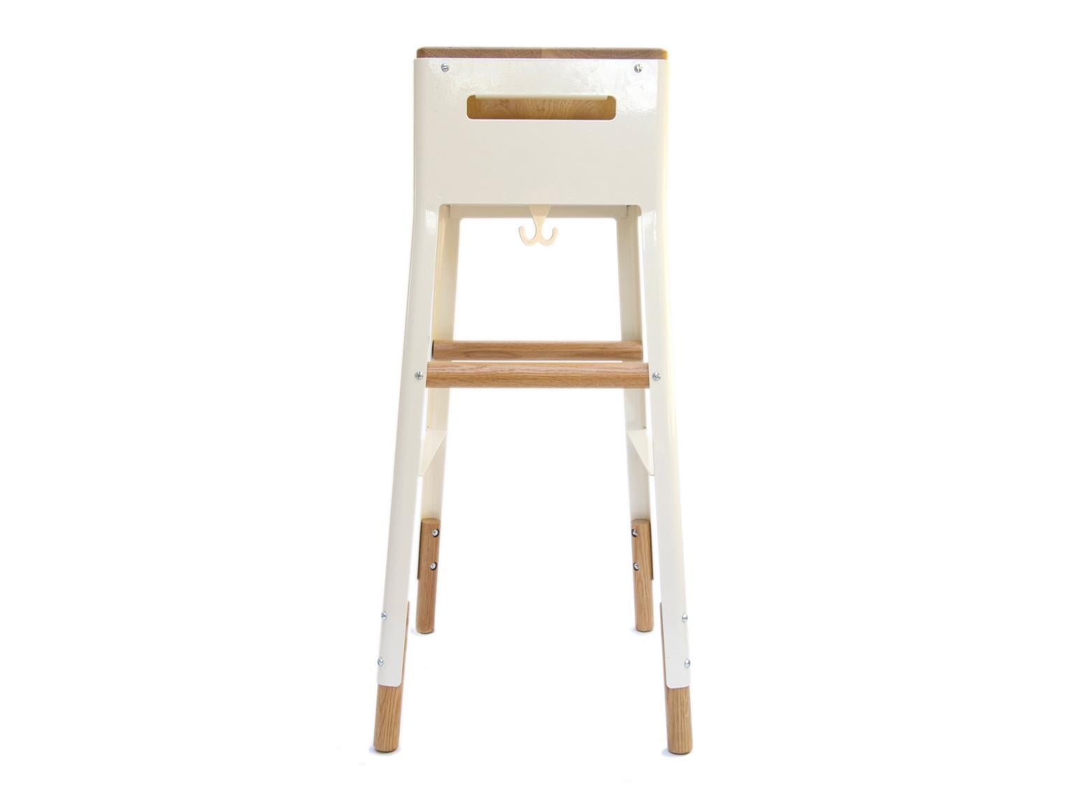The Scout Regalia Ranger Stool is made of white oak hardwood and powder coated steel.  At 30” high, the Tall Ranger Stool is made for commercial countertops and bars, and available in custom colors (minimum order required). Made in Los Angeles,