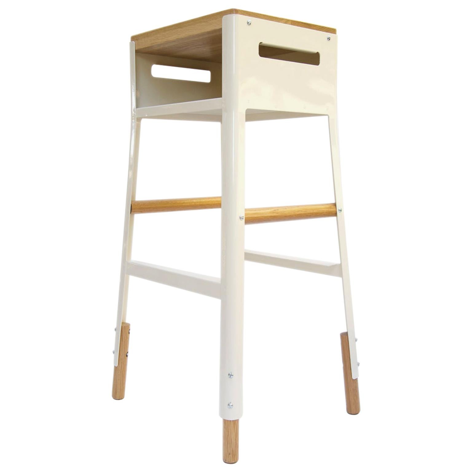 Powder Coated Steel & White Oak bar stool with cubby - 30" H - Oyster White For Sale