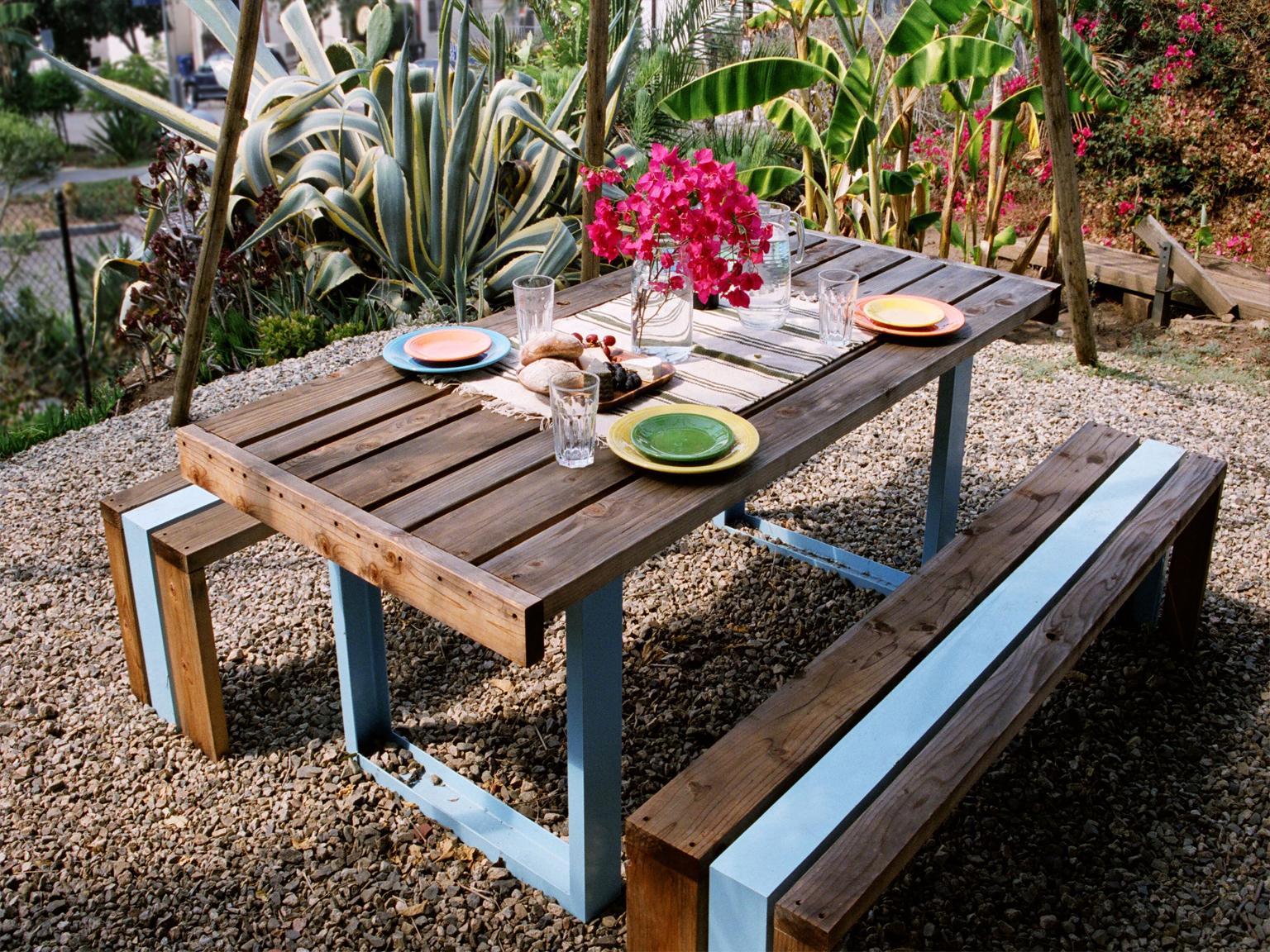 Hand-Crafted Contemporary Picnic Table / Dining Set - Redwood For Sale