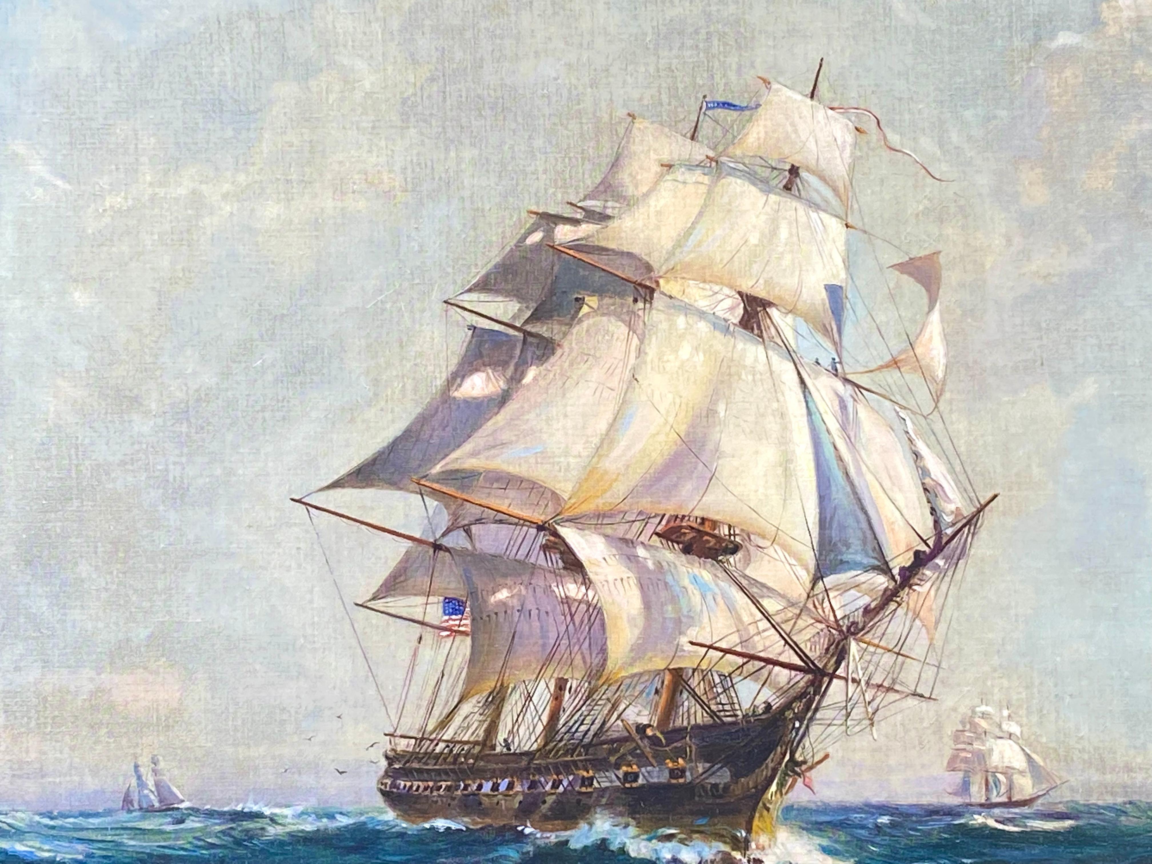 Quadro originale ad olio su tela d'artista della U.S.S. Constitution dell'artista americano S.R. Wright.  Firmato in basso a sinistra e datato 1937. Intitolato 