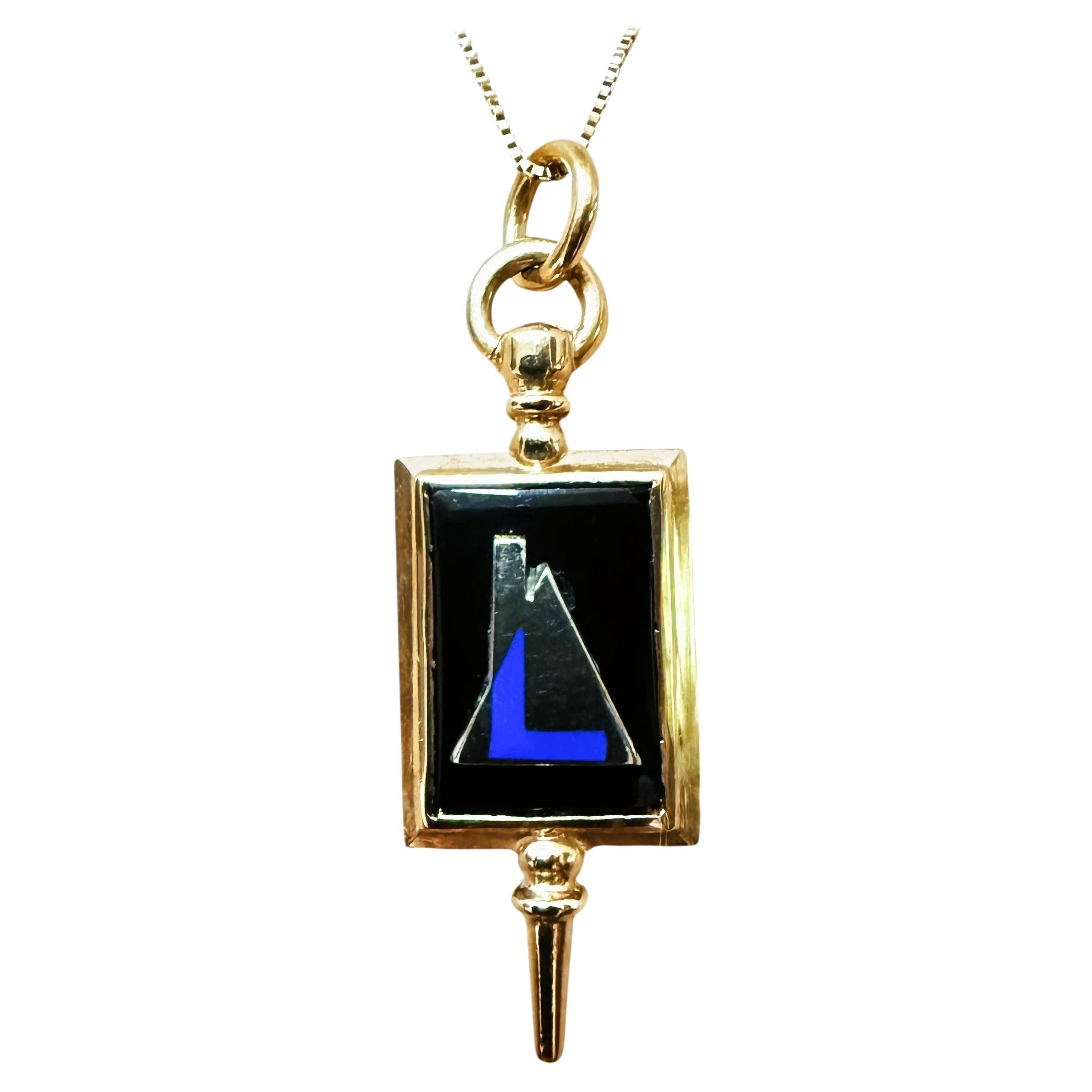S.R.Co. Collier à pendentifs en or jaune 10K, onyx et émail, 19,5 pouces en vente