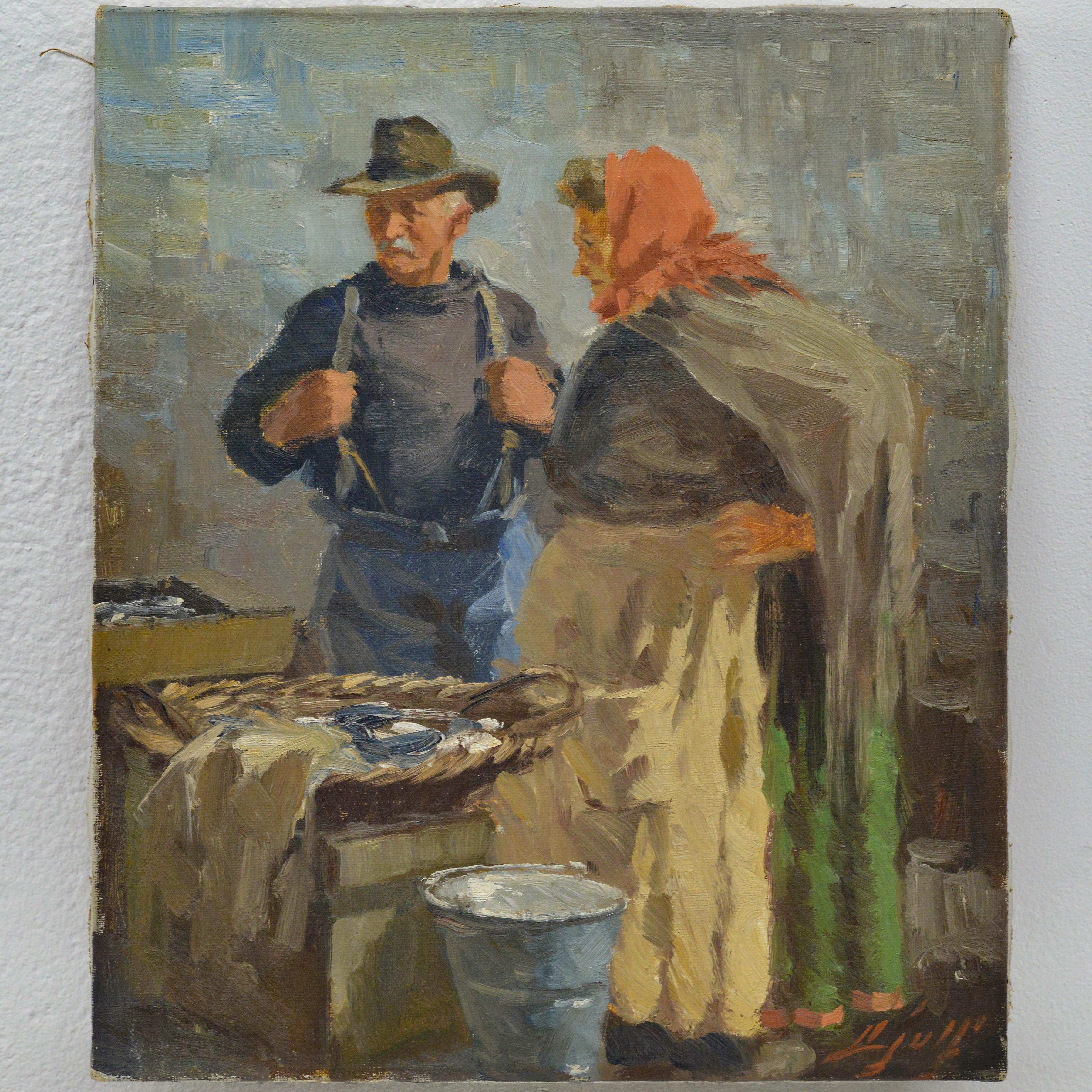 Antike 1920er Jahre dänischen Realist Ölgemälde Fischmarkt Szene Kopenhagen signiert – Photograph von Søren Christian Bjulf