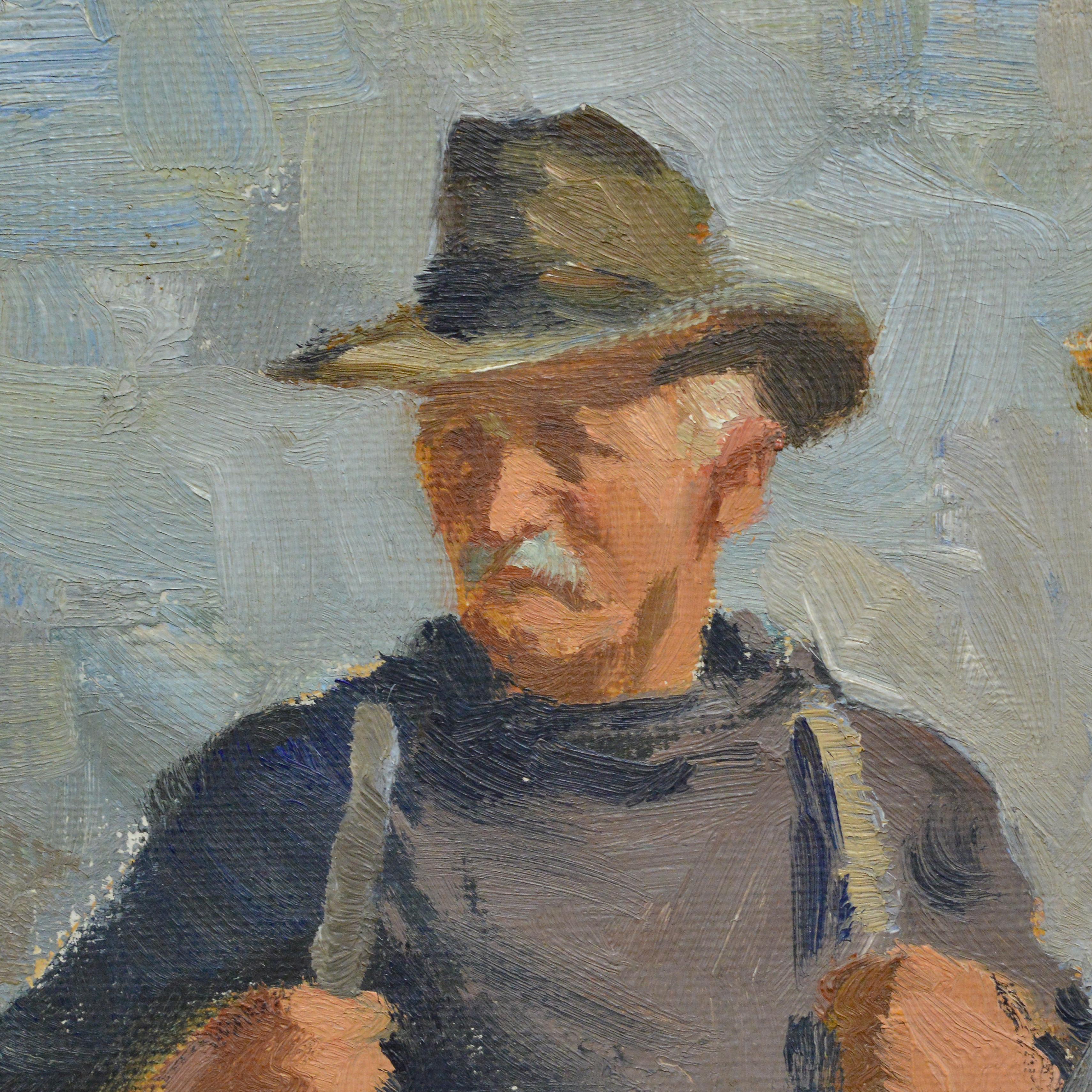 Antike 1920er Jahre dänischen Realist Ölgemälde Fischmarkt Szene Kopenhagen signiert (Braun), Portrait Photograph, von Søren Christian Bjulf